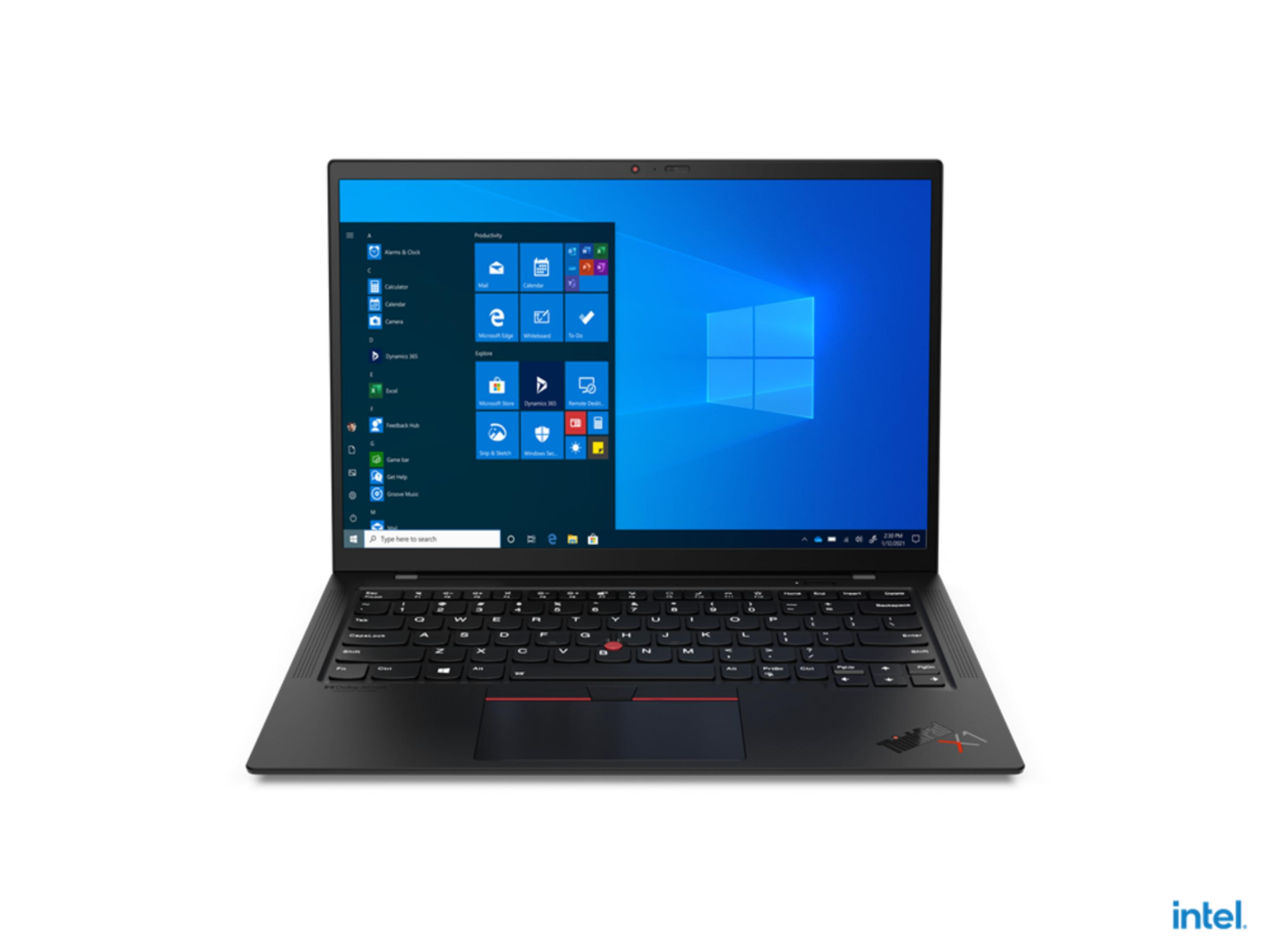 Ein schwarzer Laptop mit einem Windows-Startbildschirm, Tastatur und Intel-Logo.