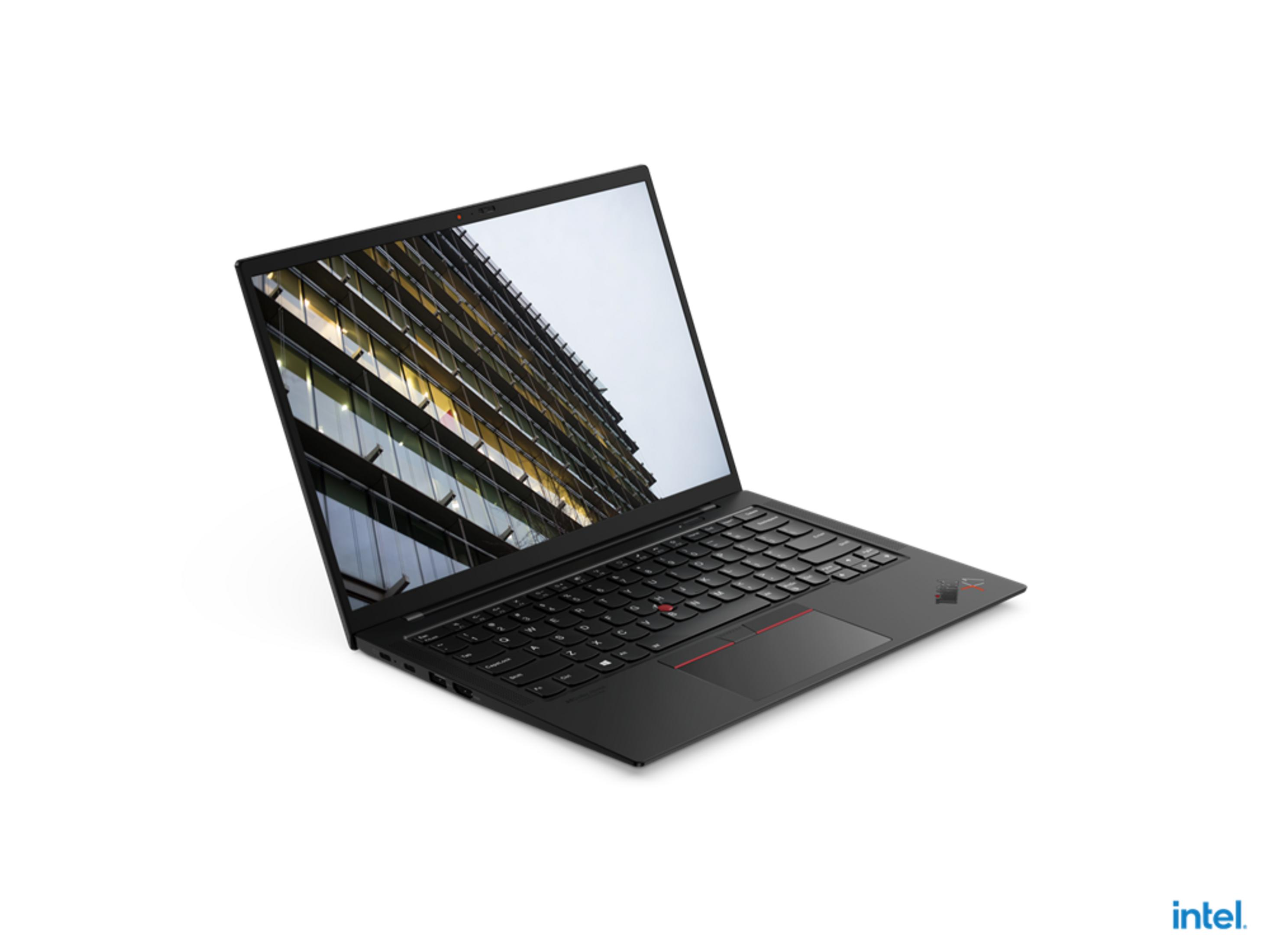 Schwarzer Laptop mit Tastatur und Bildschirm, der ein Gebäude zeigt.