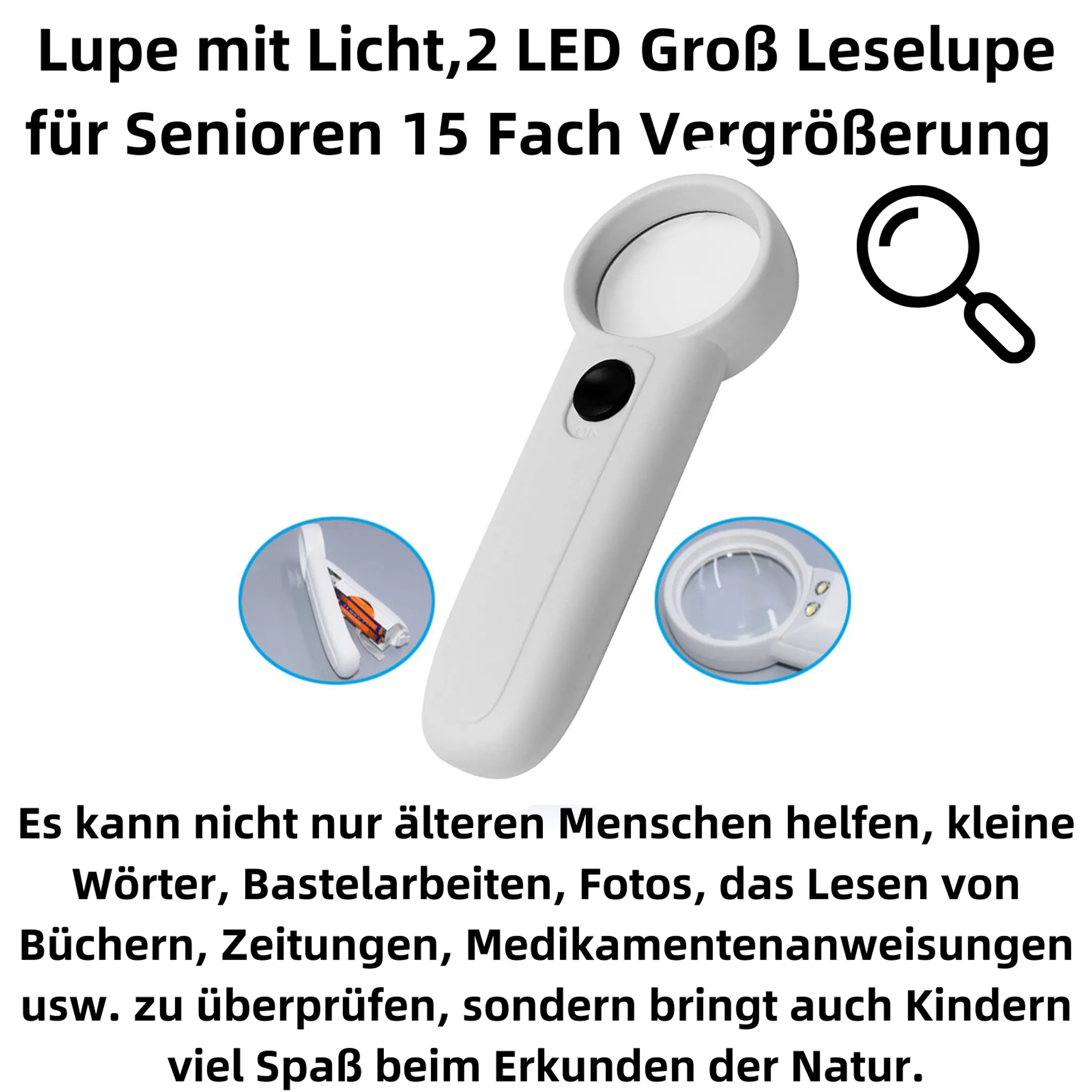 Eine weiße Lupe mit LED-Licht und einem schwarzen Schalter, für Senioren.