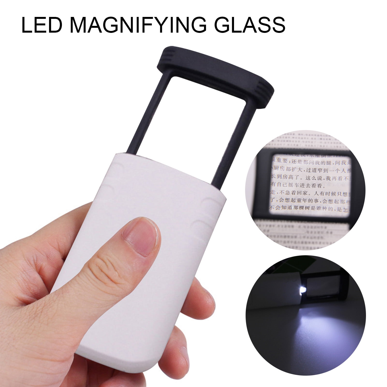 Hand hält weiße LED-Lupe über Text. Unten leuchtet eine LED.