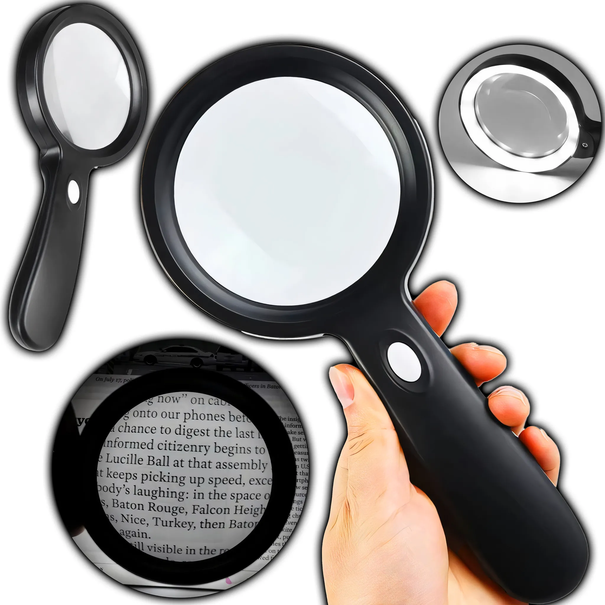 Eine Hand hält eine schwarze Lupe über Text. Eine kleinere Lupe mit Licht wird gezeigt.