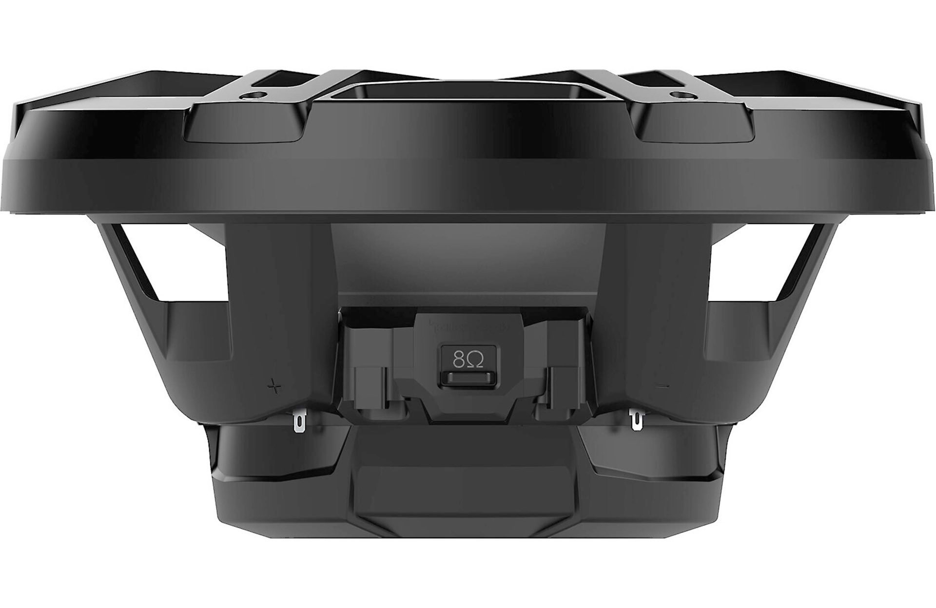 Schwarzer Subwoofer mit 8 Ohm Beschriftung und Lüftungsschlitzen.