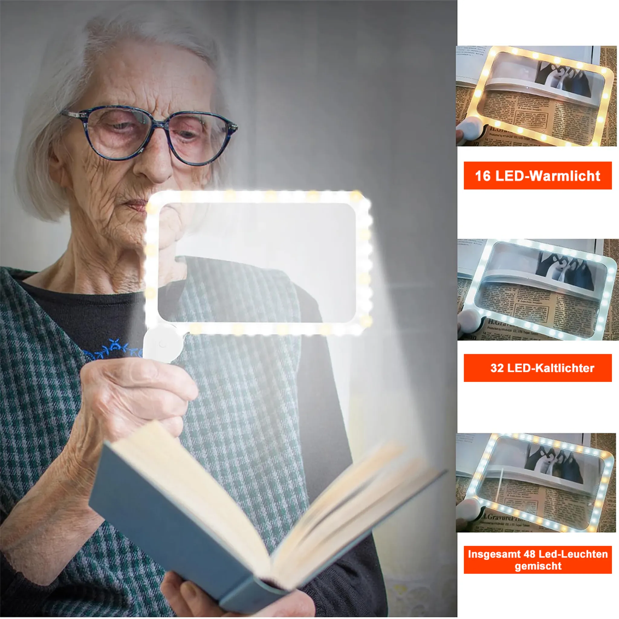 Ältere Frau mit Brille liest ein Buch mit beleuchteter Lupe.