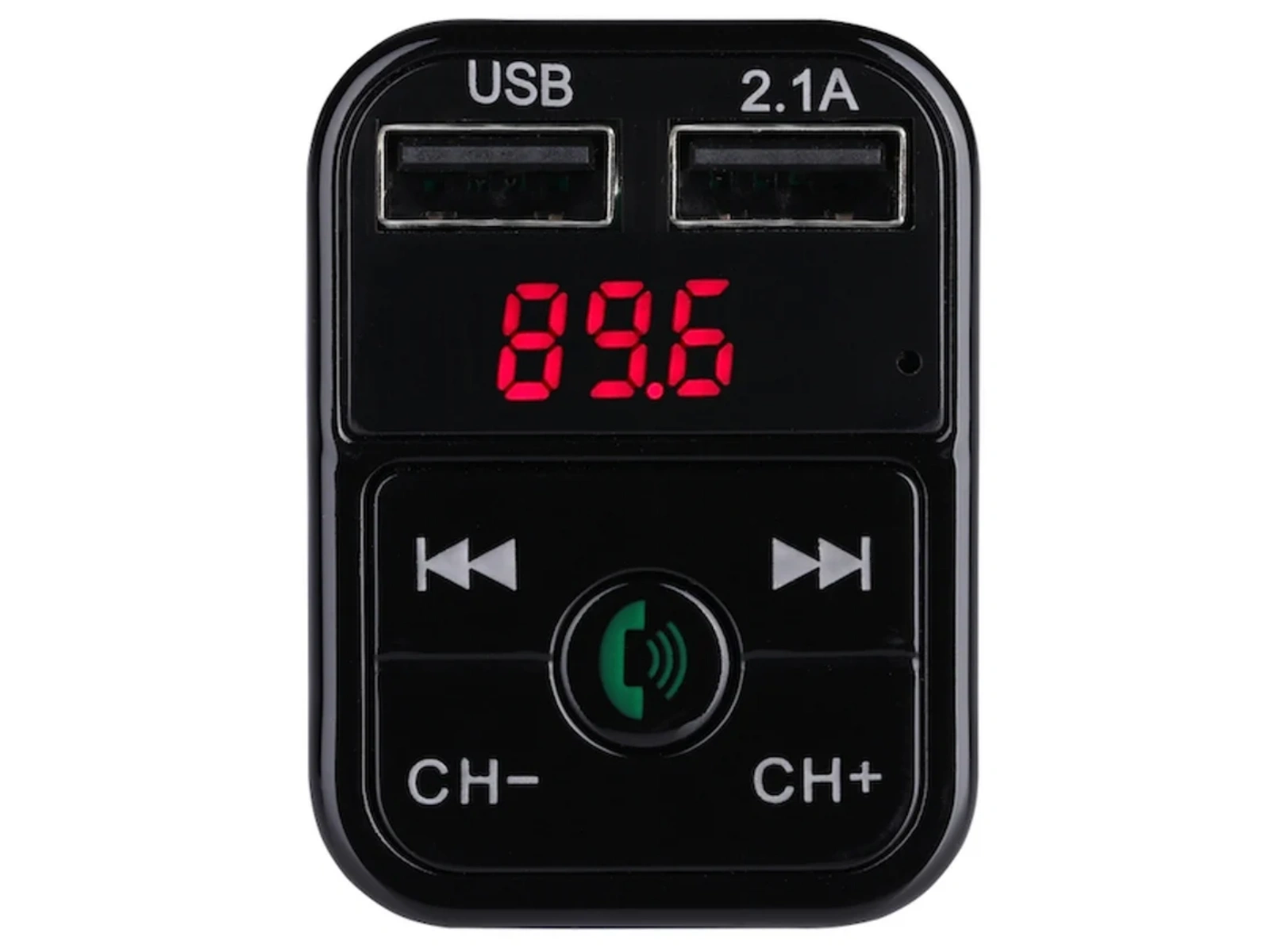Schwarzer FM-Sender mit zwei USB-Anschlüssen, rotem Display und Bedientasten.