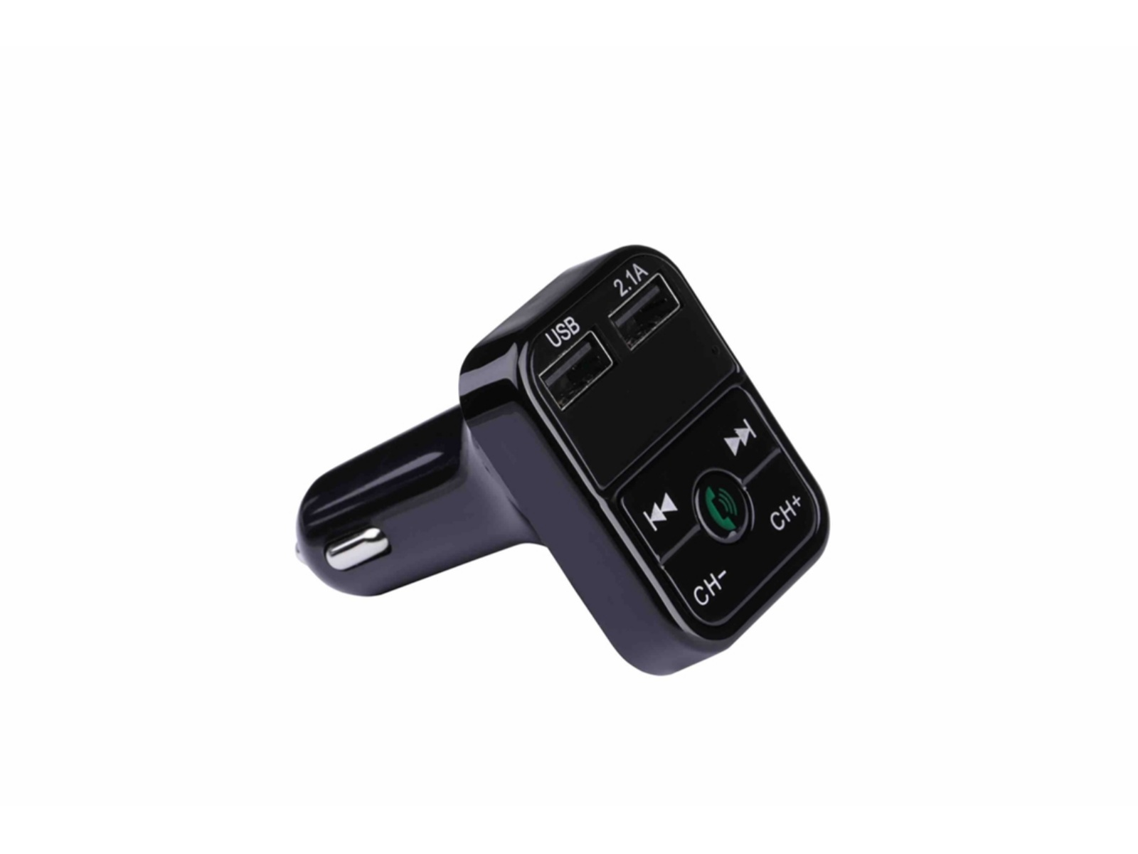 Schwarzes Autoladegerät mit zwei USB-Anschlüssen und Bedientasten.