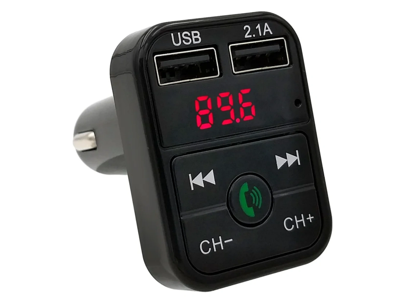 Schwarzer KFZ-Sender mit zwei USB-Anschlüssen, rotem Display und Bedienelementen.