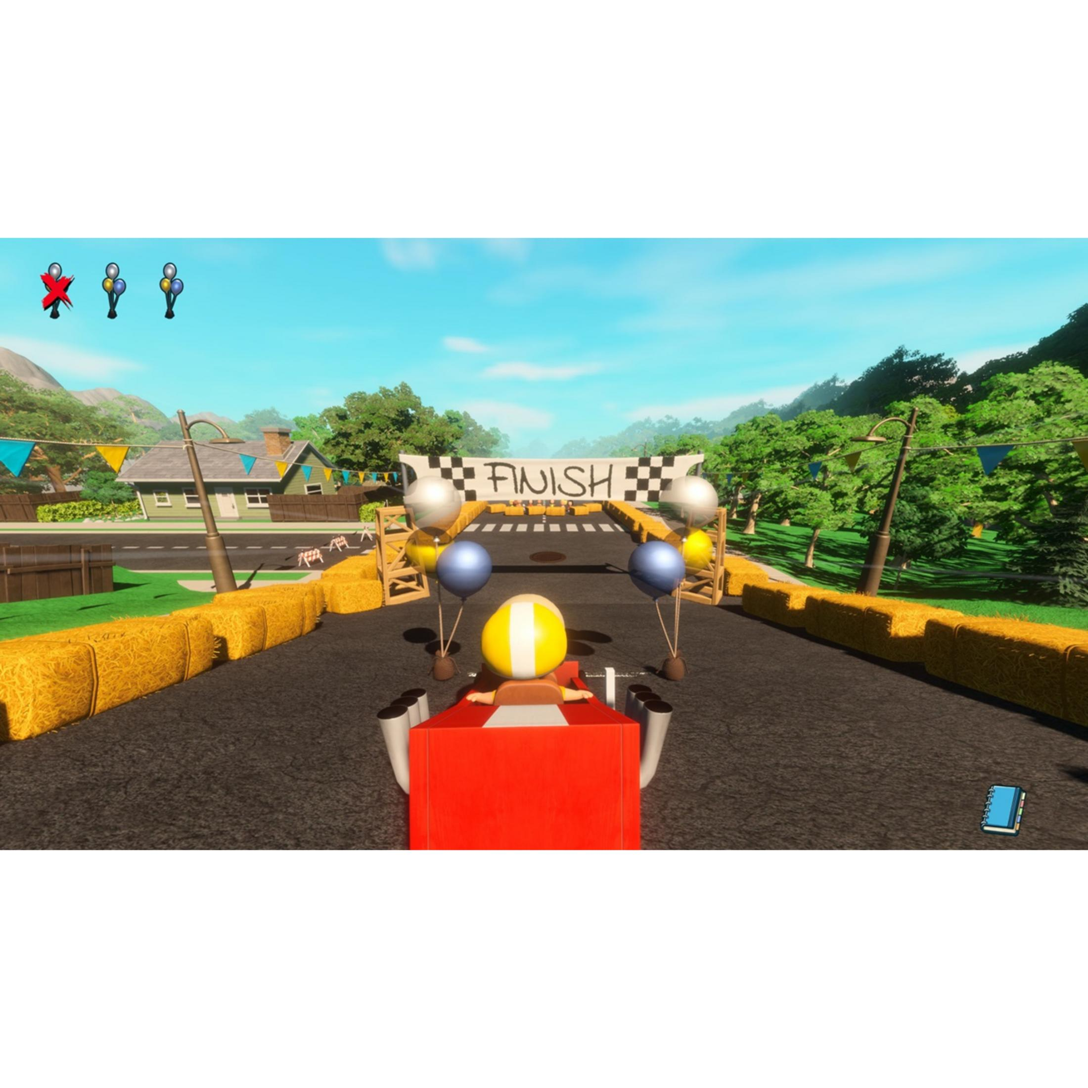 Czerwony gokart zbliża się do linii mety z balonami i banerami.