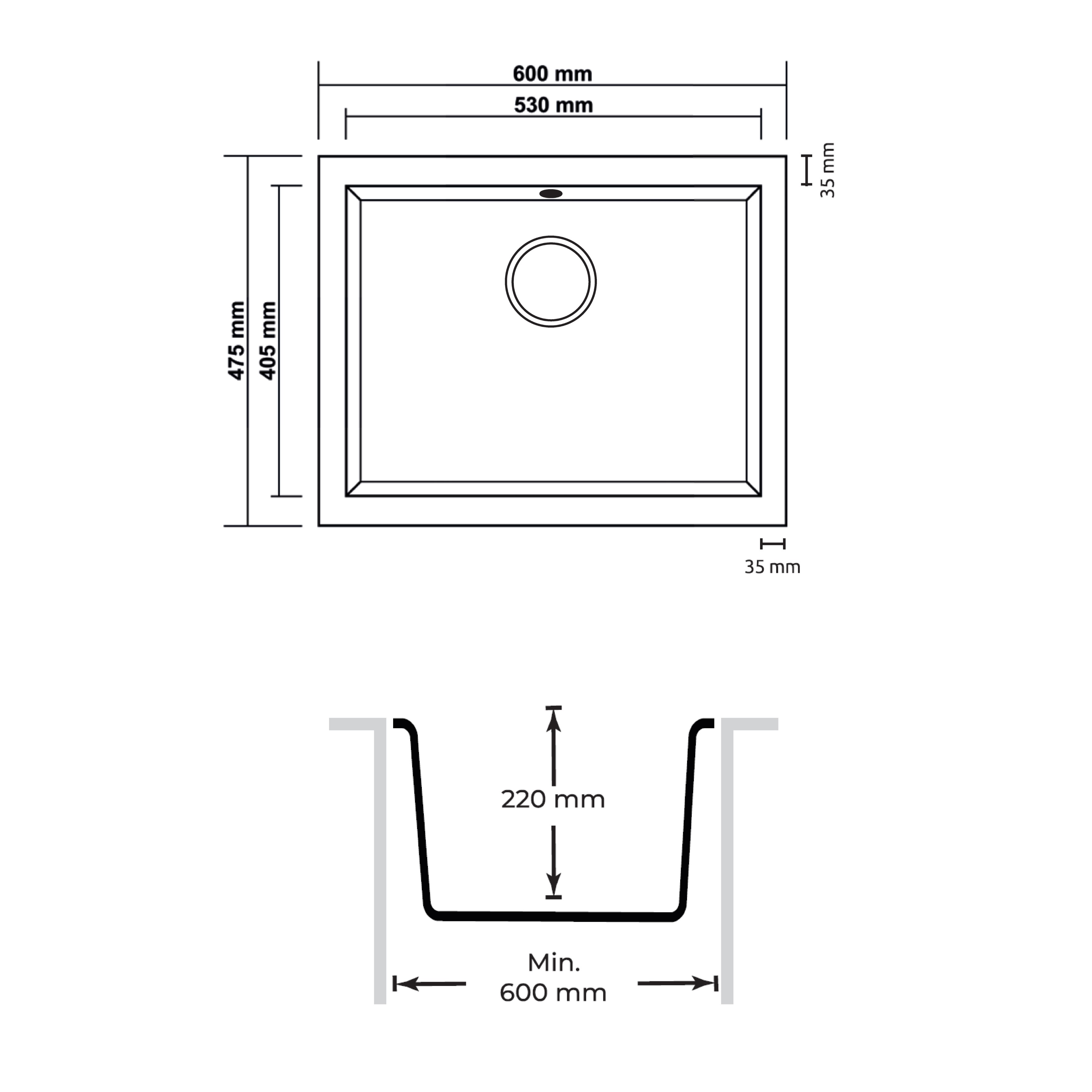 Technische Zeichnung einer Spüle mit Maßen: 600x475x35 mm.