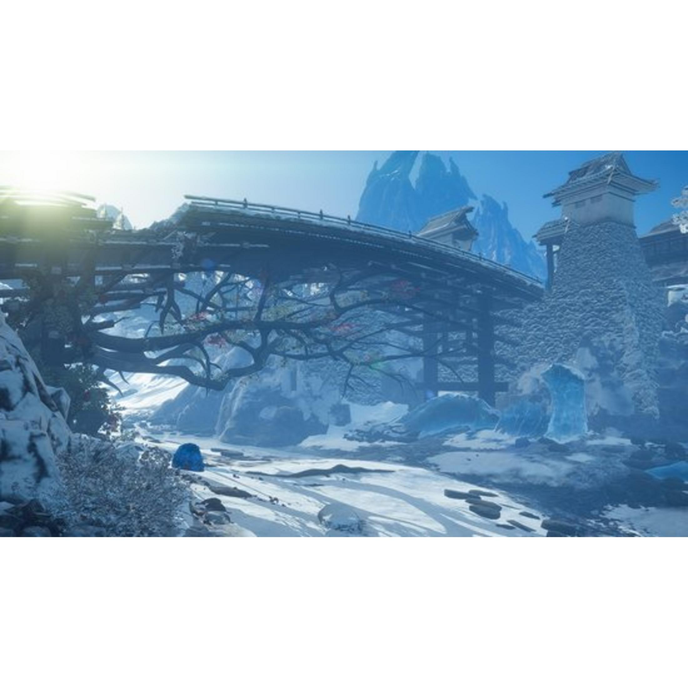 Un paisaje cubierto de nieve con un puente de madera, formaciones heladas y montañas.