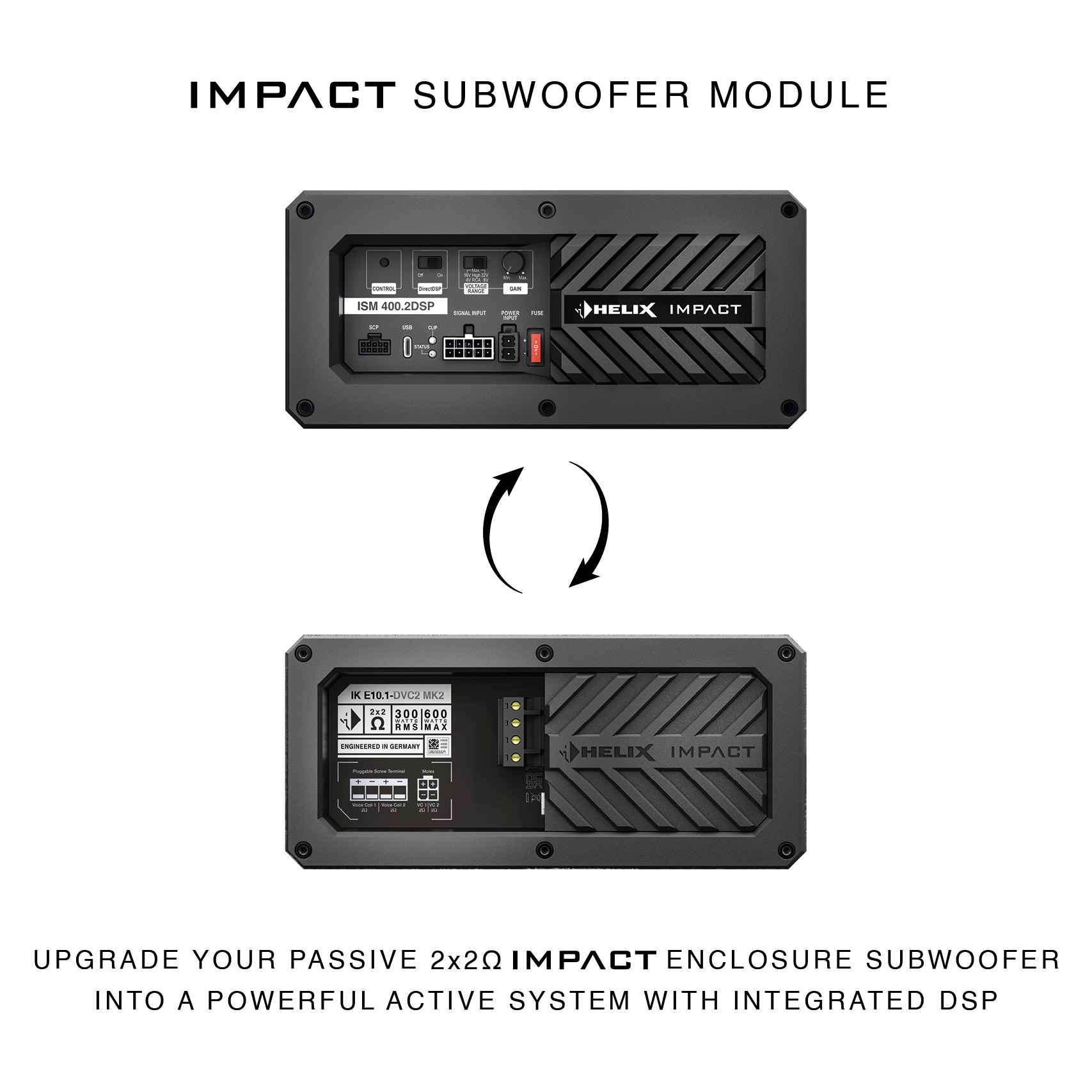 Zwei schwarze Helix Impact Subwoofer-Module mit Anschlüssen und Beschriftungen.
