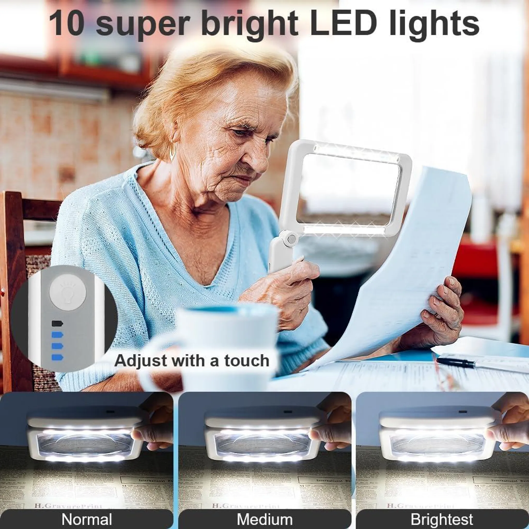 Ältere Frau mit Lupe und 10 hellen LED-Lichtern, Helligkeit einstellbar.