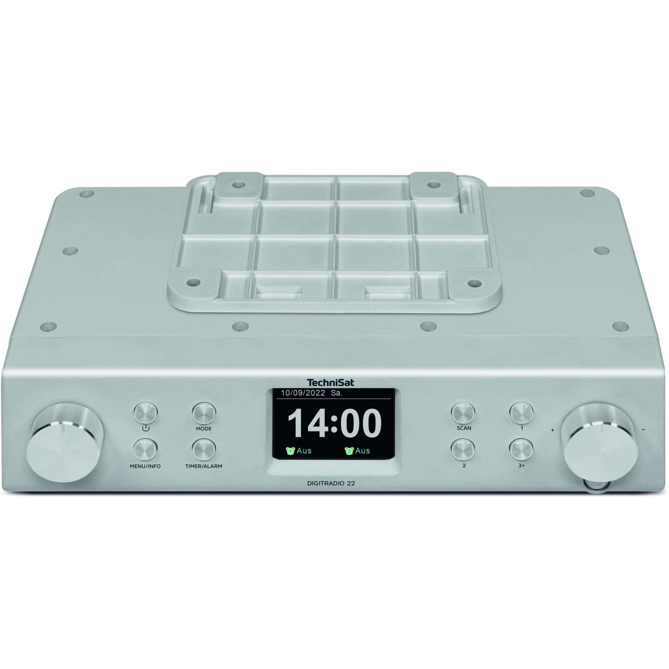 Radio DAB+ argentée avec écran affichant 14h00.
