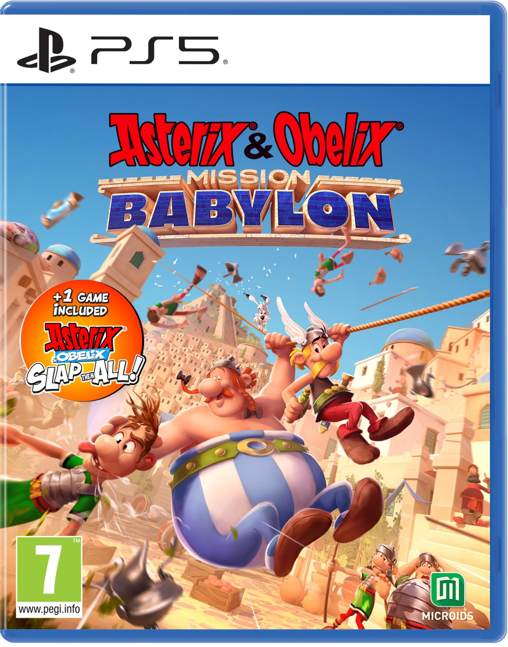 Okładka gry PS5: Asterix & Obelix Mission Babylon z postaciami w akcji.