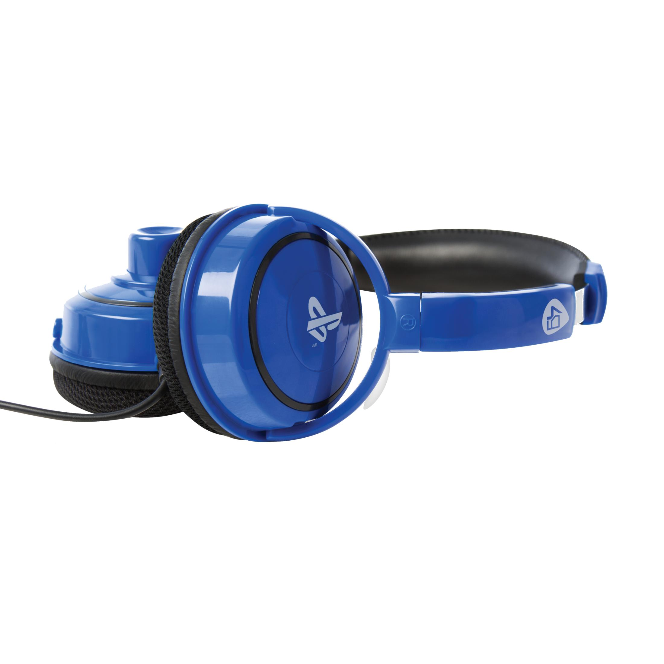 Blaue Kopfhörer mit PlayStation-Logo auf weißem Hintergrund.