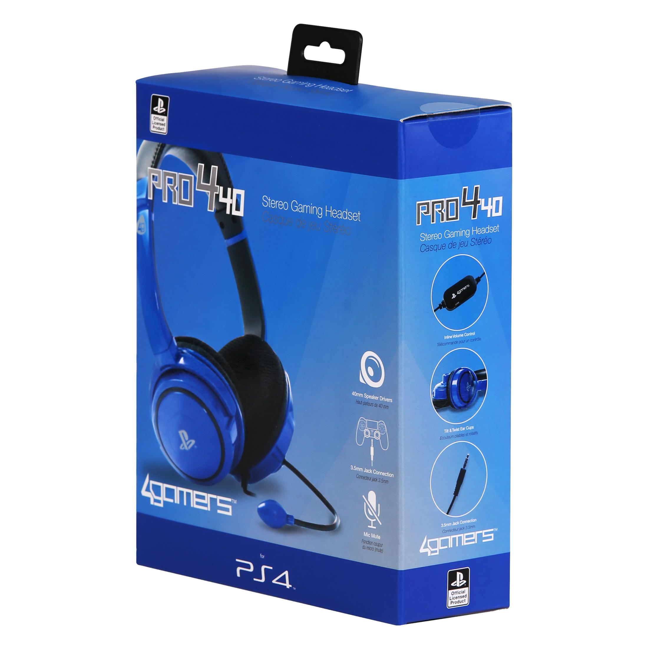 Verpackung für ein blaues Stereo-Gaming-Headset für PS4 mit Beschreibungen.