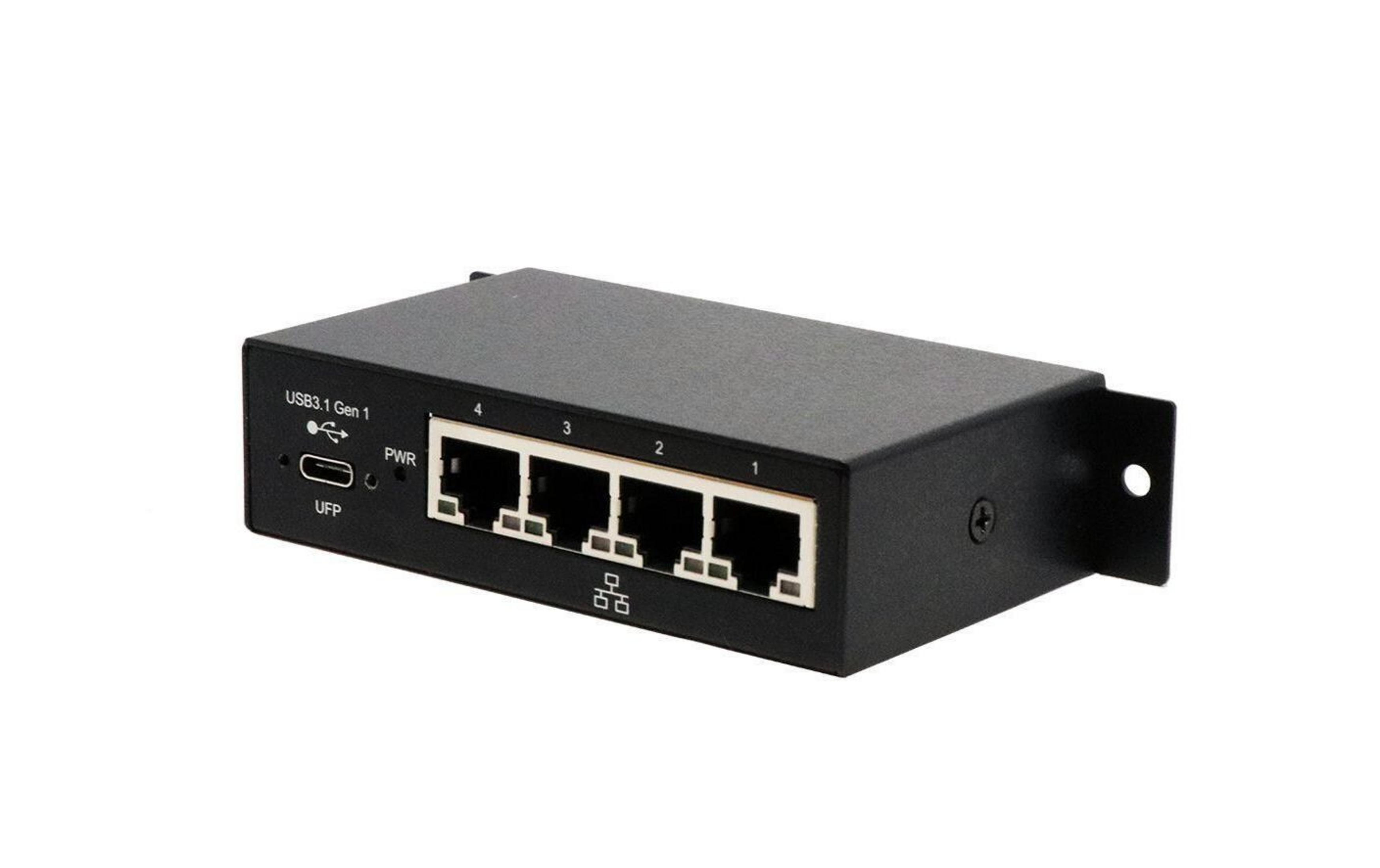 Schwarzer Netzwerk-Switch mit USB-C-Port, vier Ethernet-Ports und Montagebügeln.