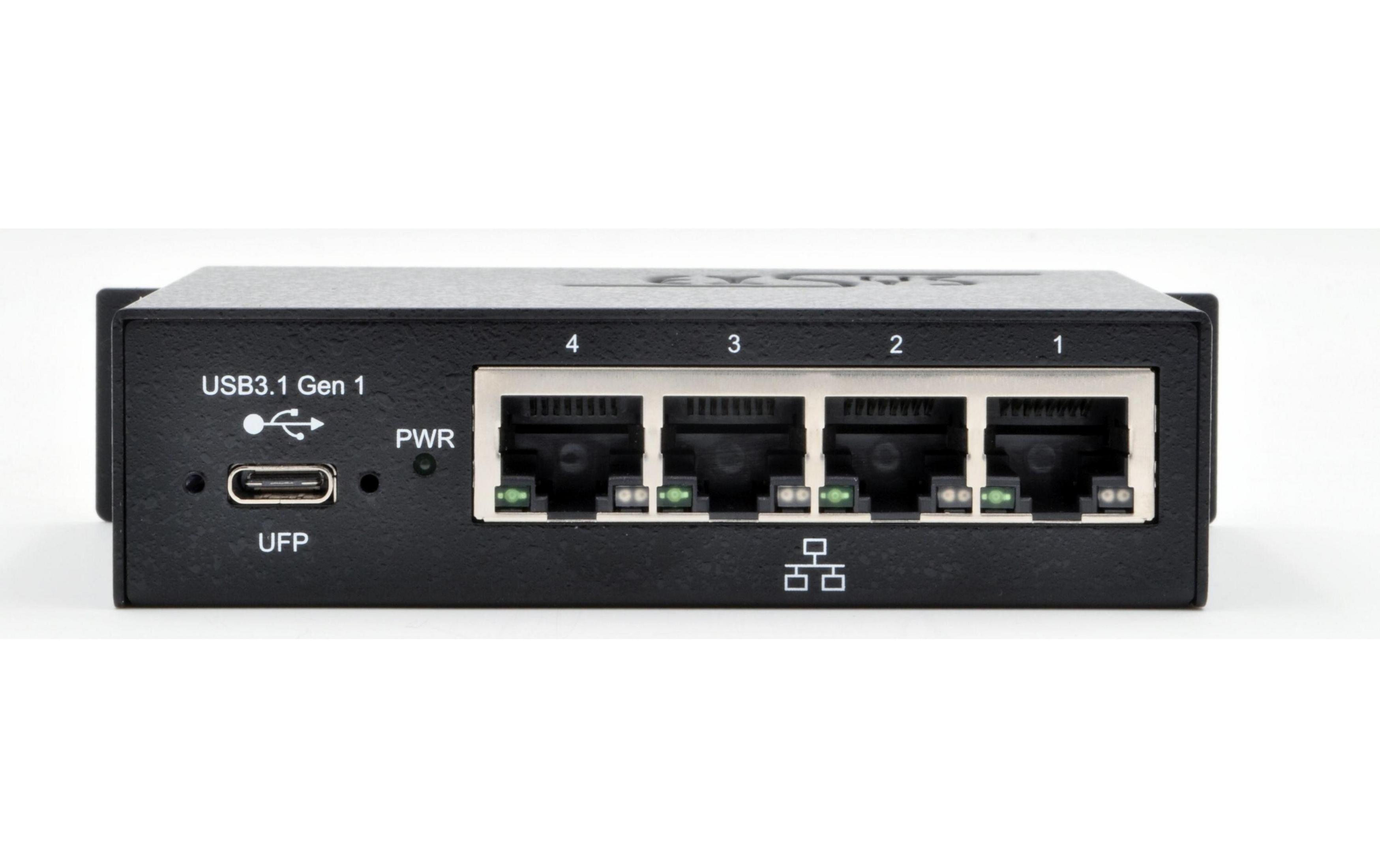 Schwarzes Netzwerkgerät mit USB-C und vier Ethernet-Ports, beschriftet 1-4.