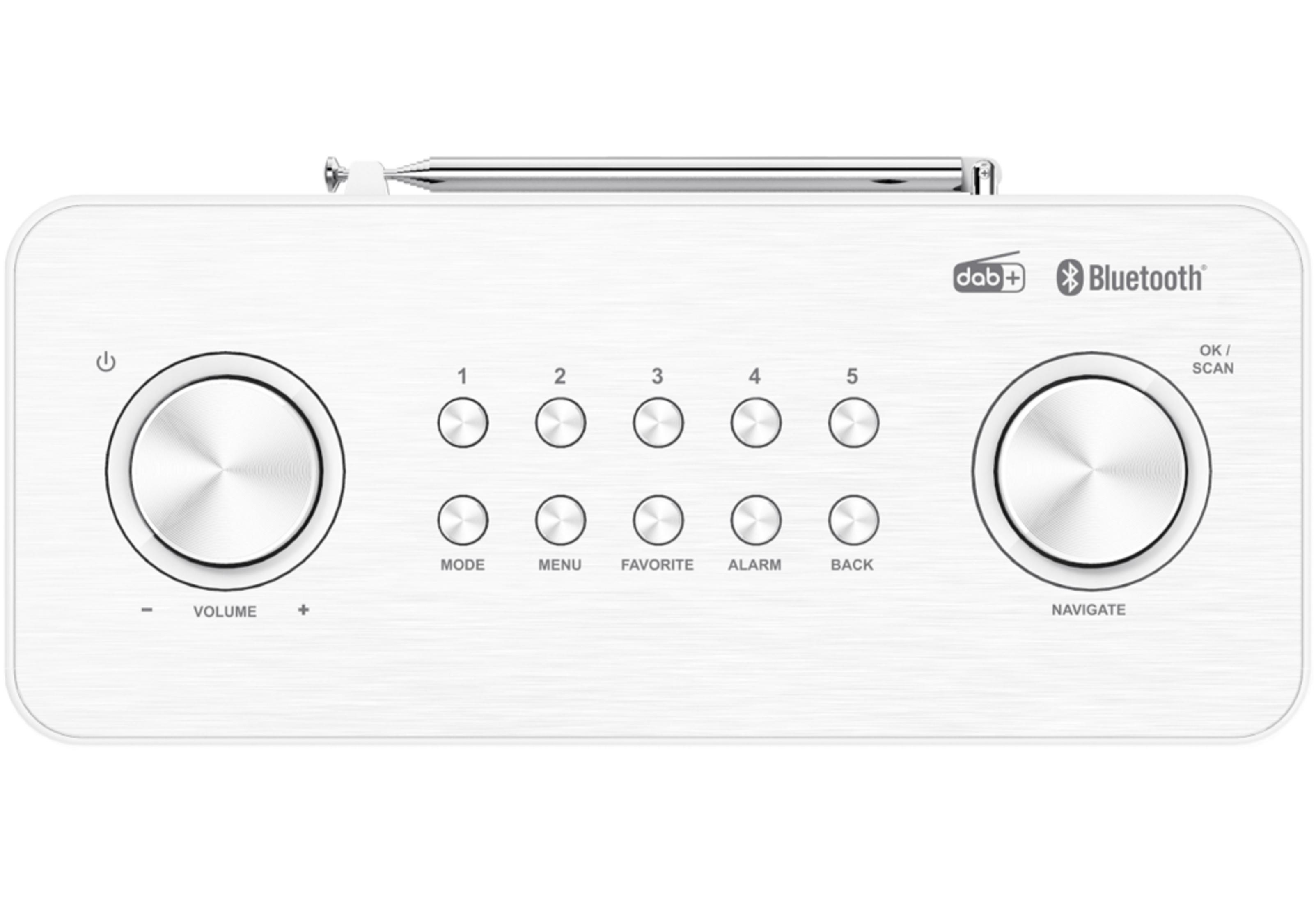 Weißes DAB+ Bluetooth Radio mit Drehreglern, Tasten und Antenne.