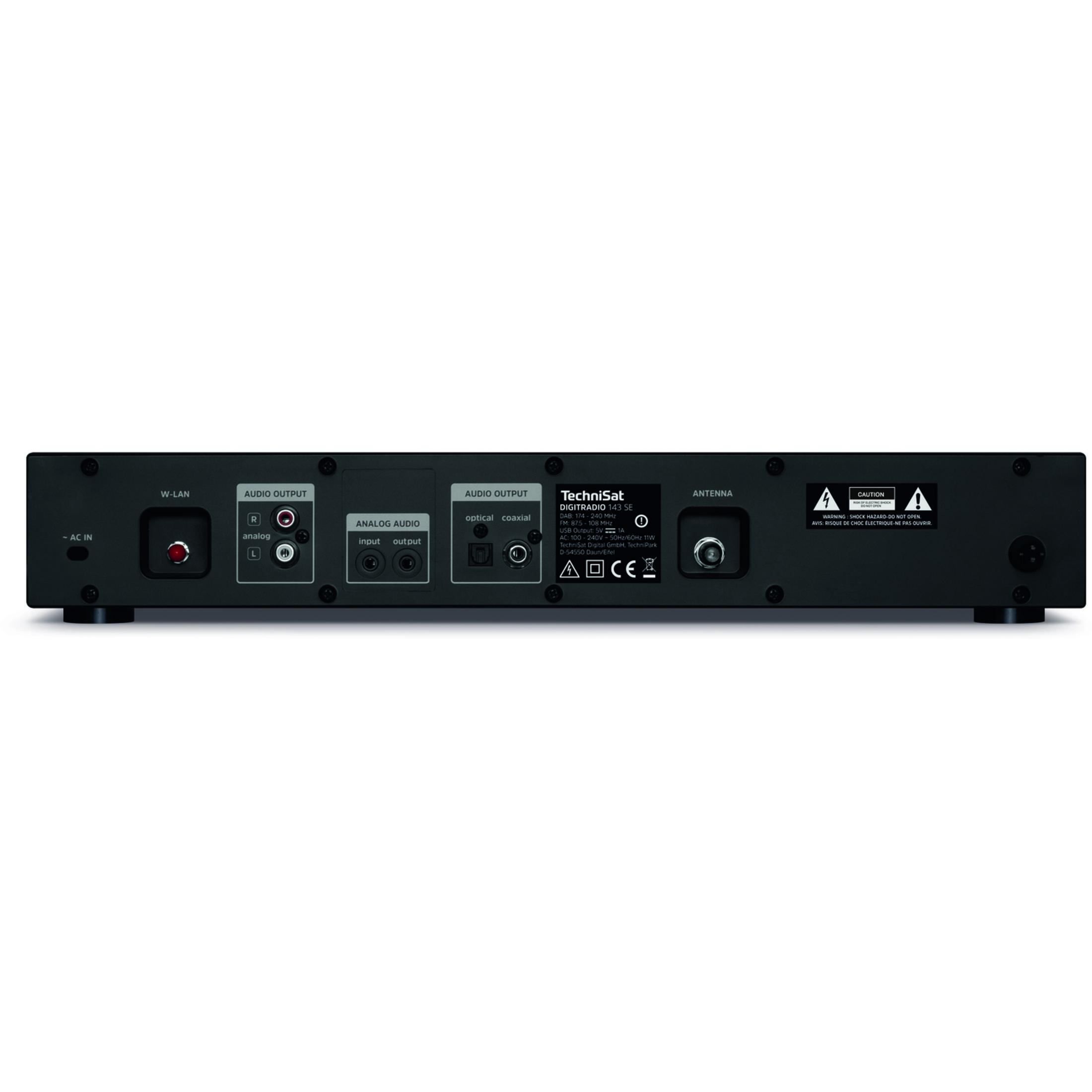 Rear view of a black radio showing connections: AC IN, W-LAN, Audio Output, Analog Audio, Antenna.