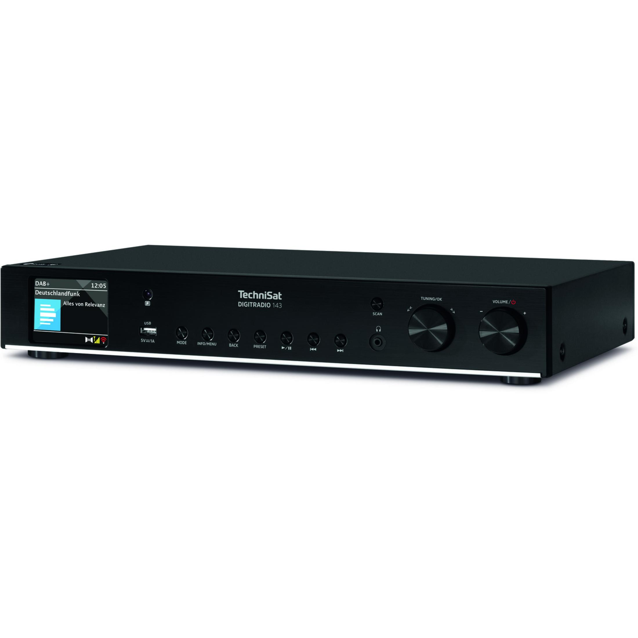 A black TechniSat Digitradio 143 with a display, buttons, and two rotary knobs.