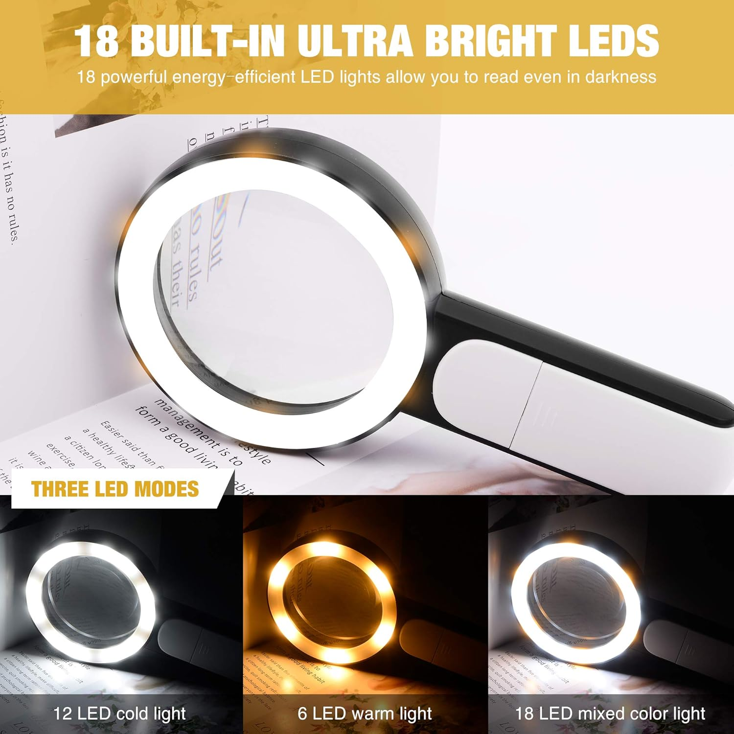 Lupe mit 18 LEDs in drei Modi: kalt, warm und gemischt. Ideal zum Lesen.