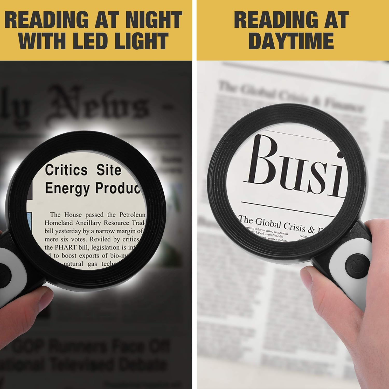Links: Zeitung bei Nacht mit LED-Licht gelesen. Rechts: Zeitung bei Tag gelesen.