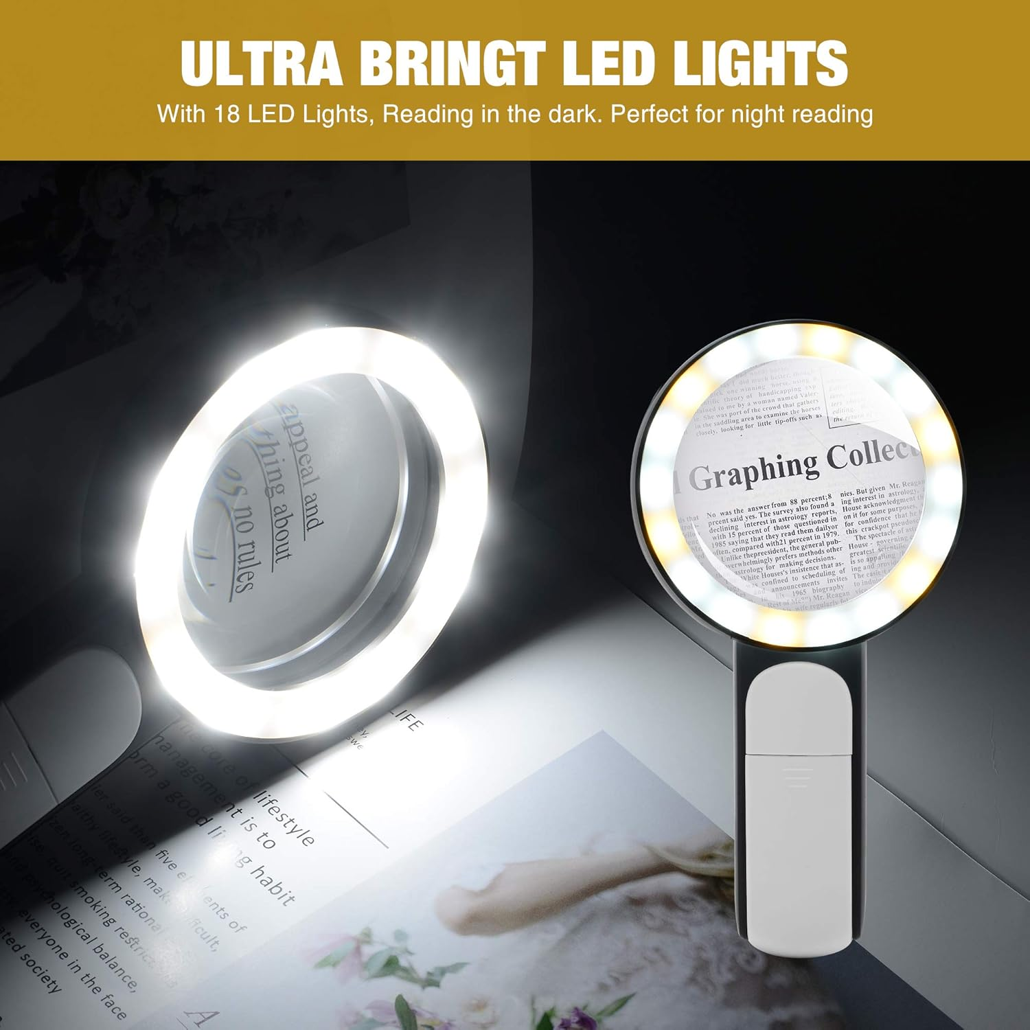 Eine Lupe mit LED-Beleuchtung beleuchtet Text auf einer Zeitschrift.