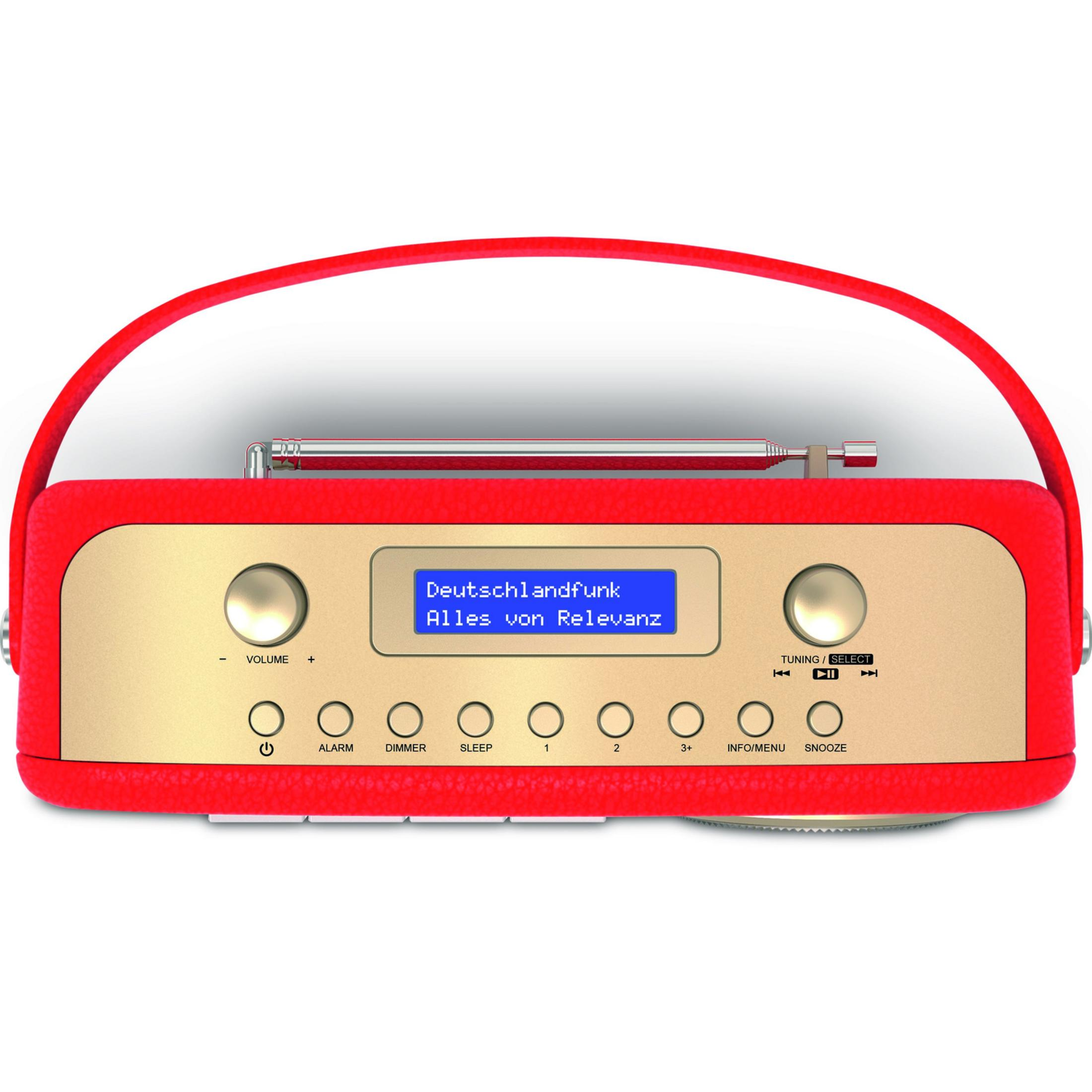 Una radio roja con antena plateada y frontal dorado. Muestra "Deutschlandfunk".