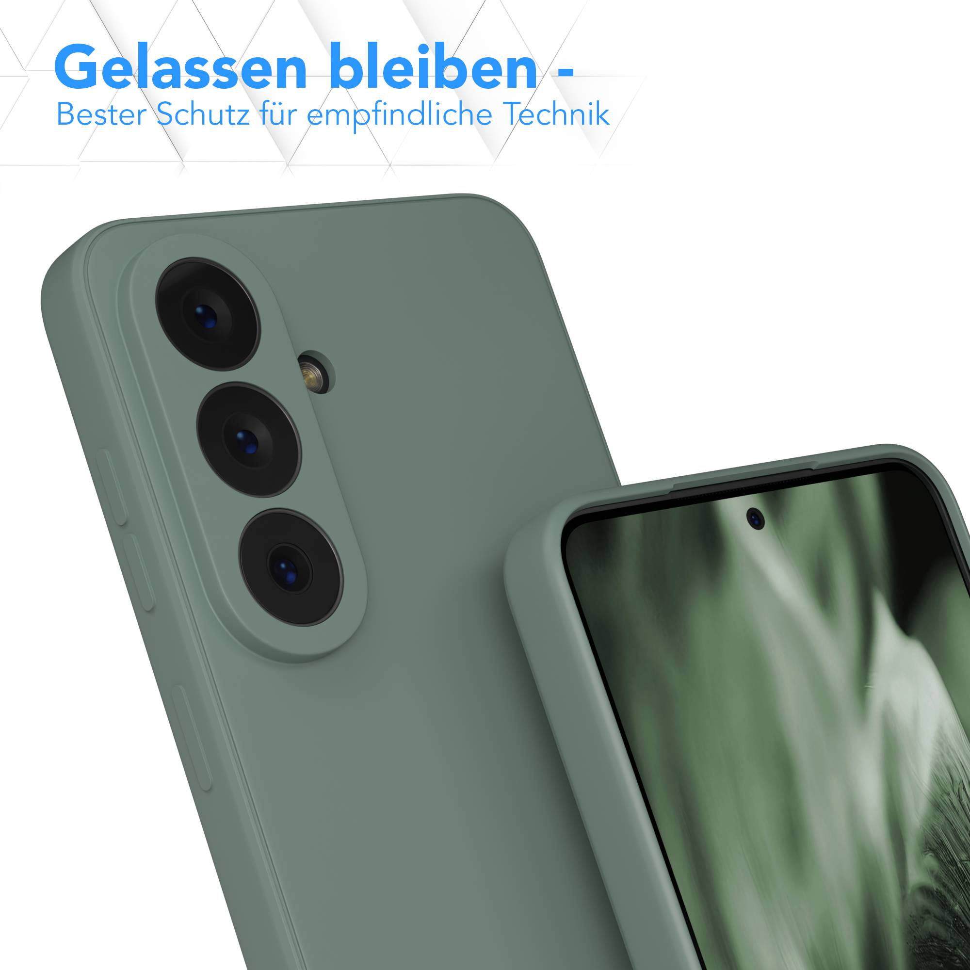 Grüne Handyhülle mit drei Kameralinsen und einem Blitz.