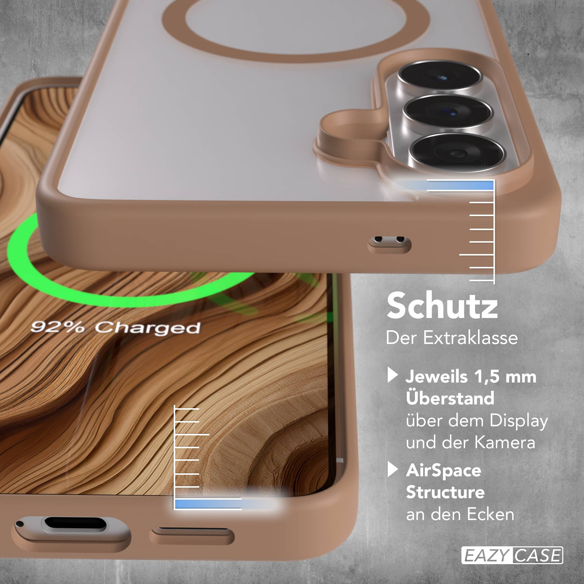 Ein braunes Handycase mit Ladeanzeige 92%. Schutz & AirSpace.