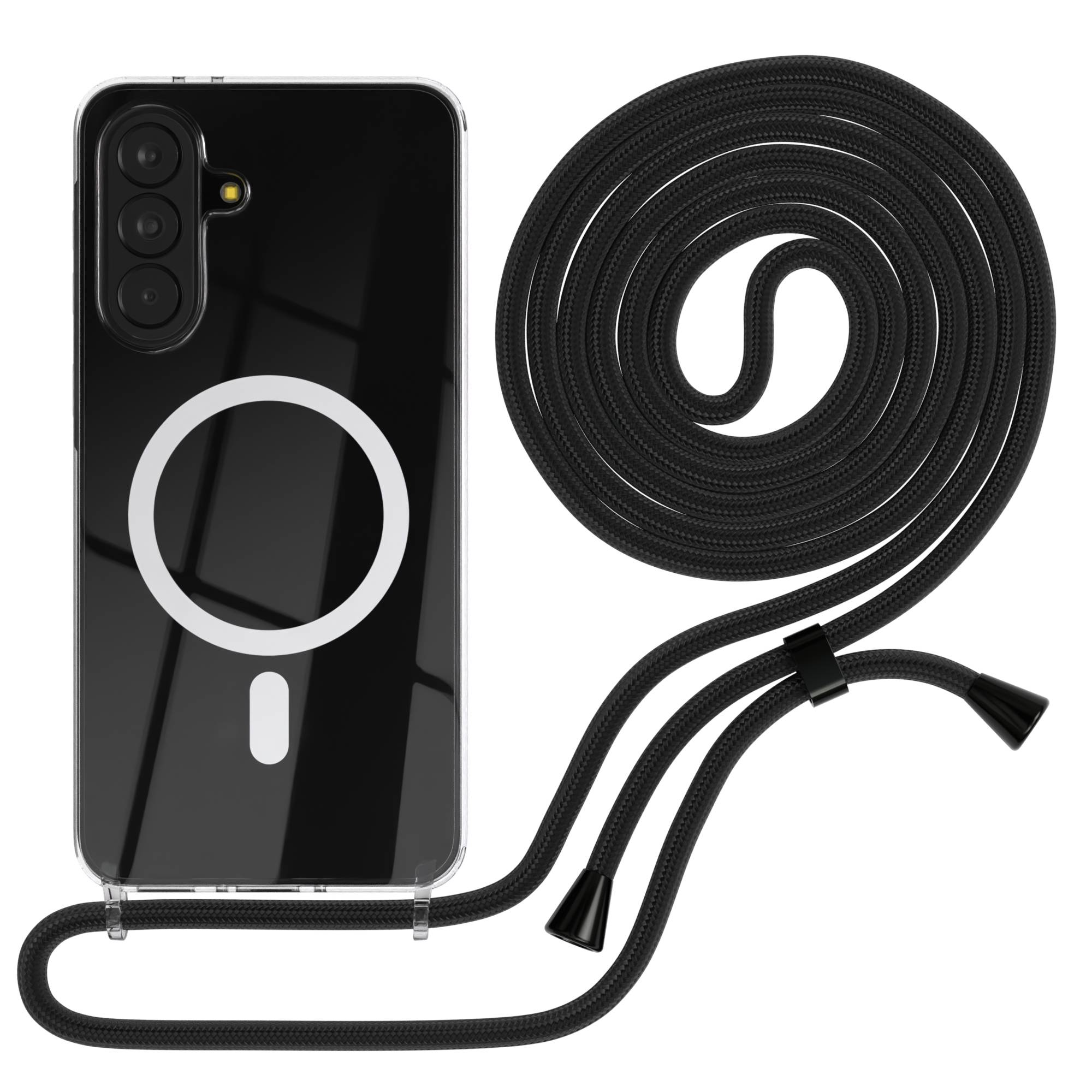 Transparente Hülle mit schwarzem Lanyard und MagSafe-Ring für ein Smartphone.