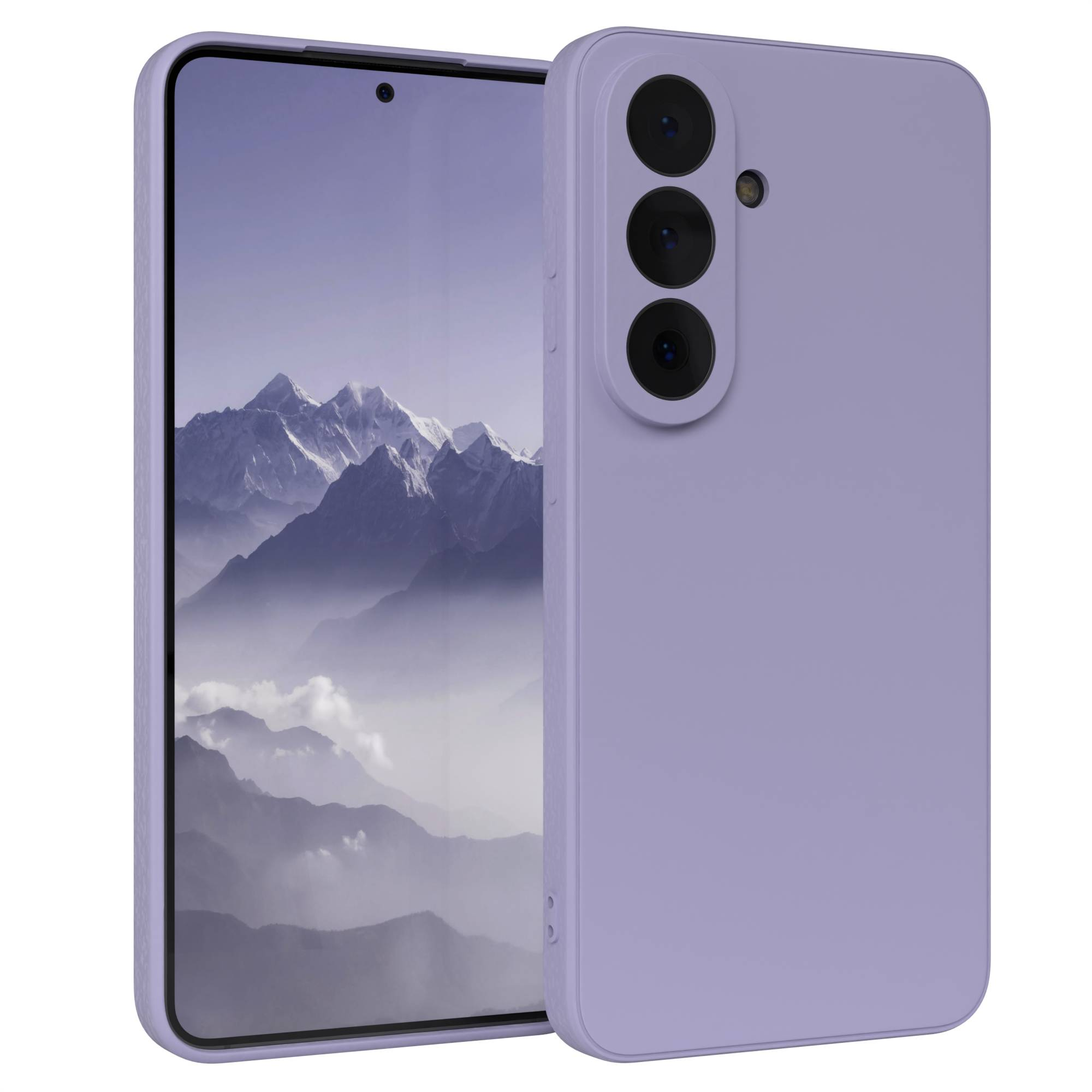 Ein lila Smartphone mit drei Kameras auf der Rückseite und einem Bergmotiv auf dem Bildschirm.