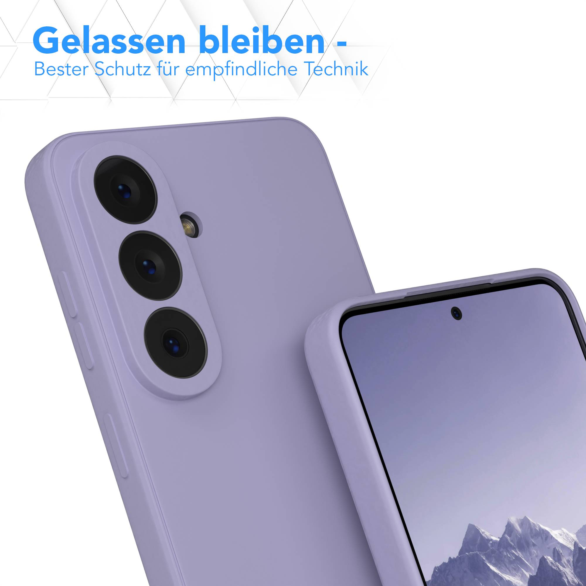 Ein lila Handy mit Kameramodul und Bildschirm ist zu sehen.