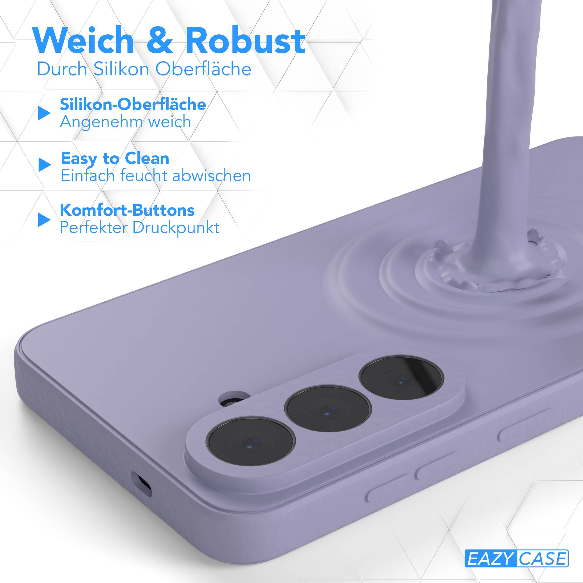 Ein lavendelfarbenes Handy-Case mit Kamerainsel und Flüssigkeitsspritzern.