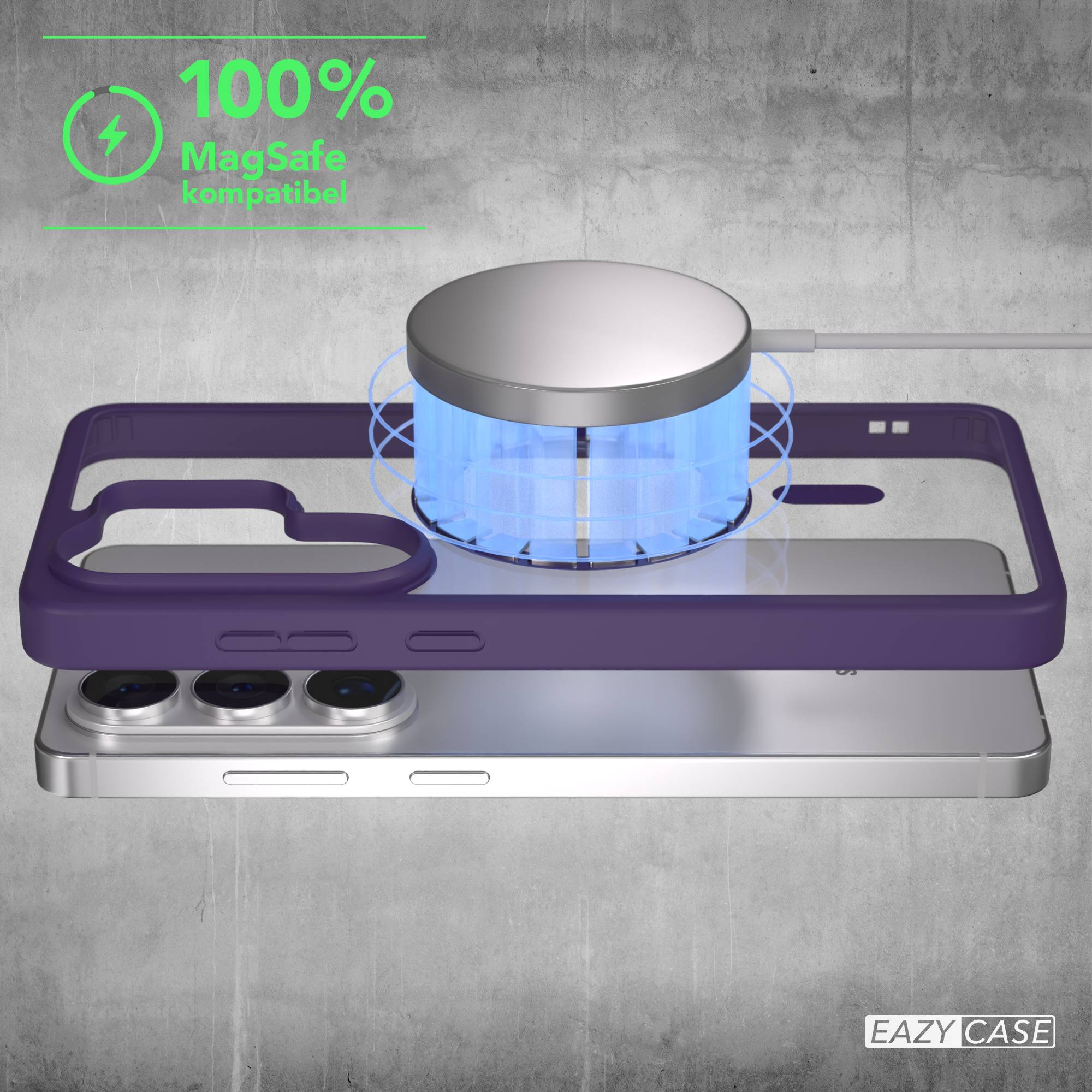Lila Hülle über einem silbernen Smartphone, MagSafe-Ladegerät oben.