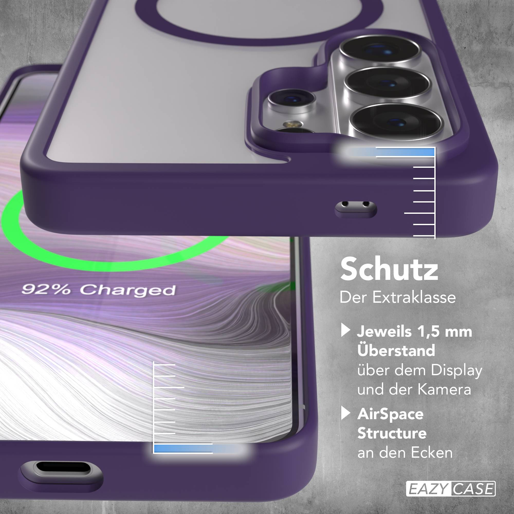 Lila Handyhülle zeigt 92% Ladung. Schutz für Display und Kamera.