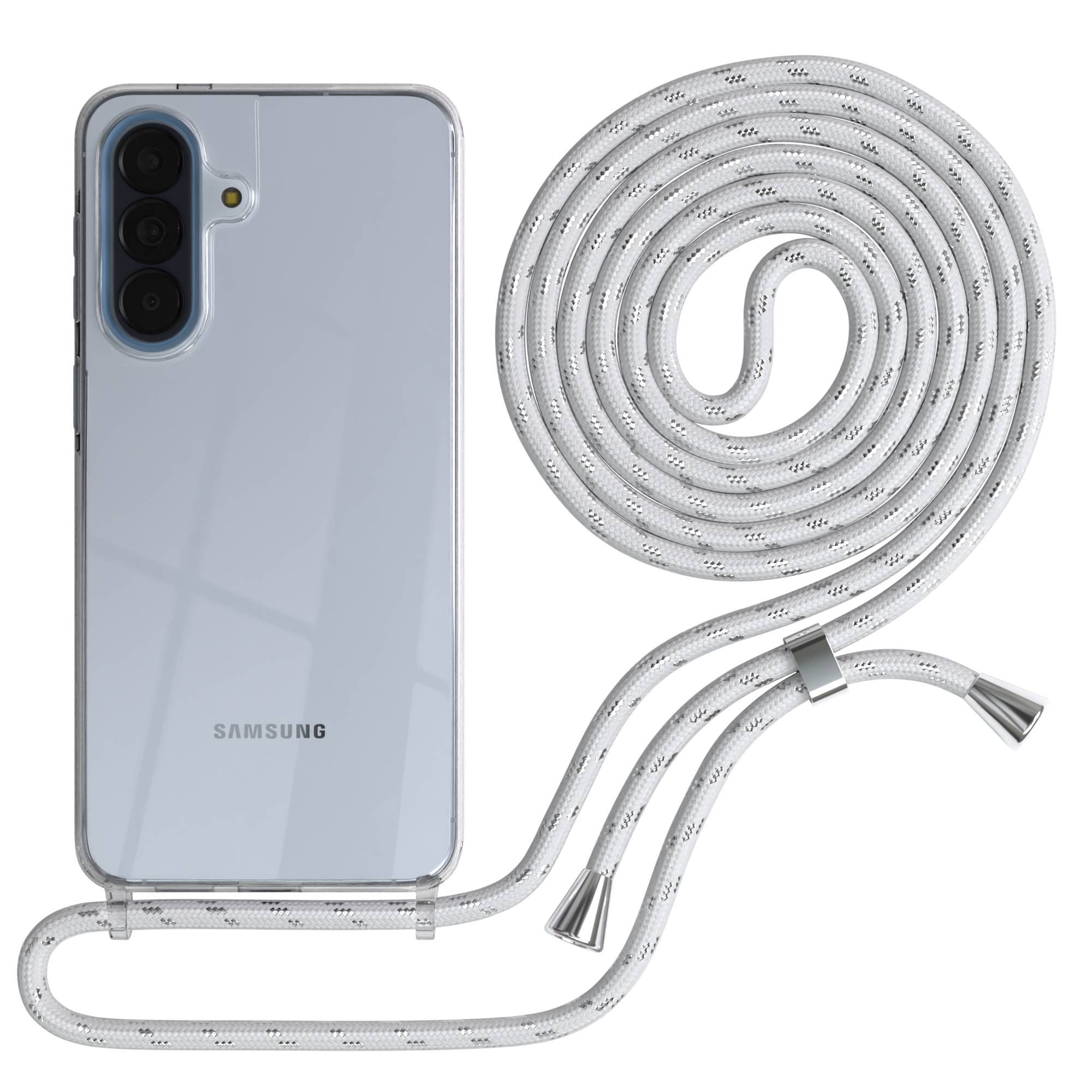 Ein transparentes Samsung Handy mit silbernem Band liegt auf weißem Untergrund.