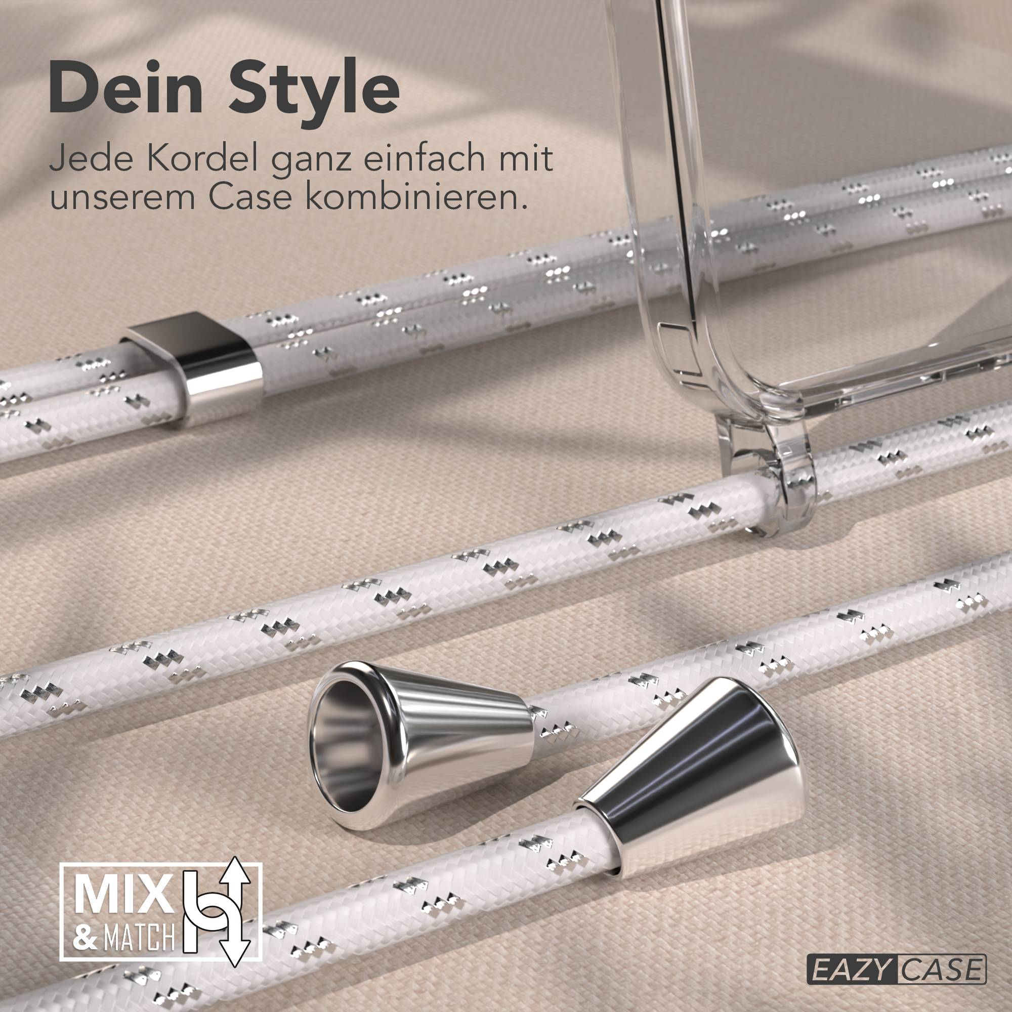 Ein klarer Handyhülle und weiße Kordeln mit silbernen Akzenten.