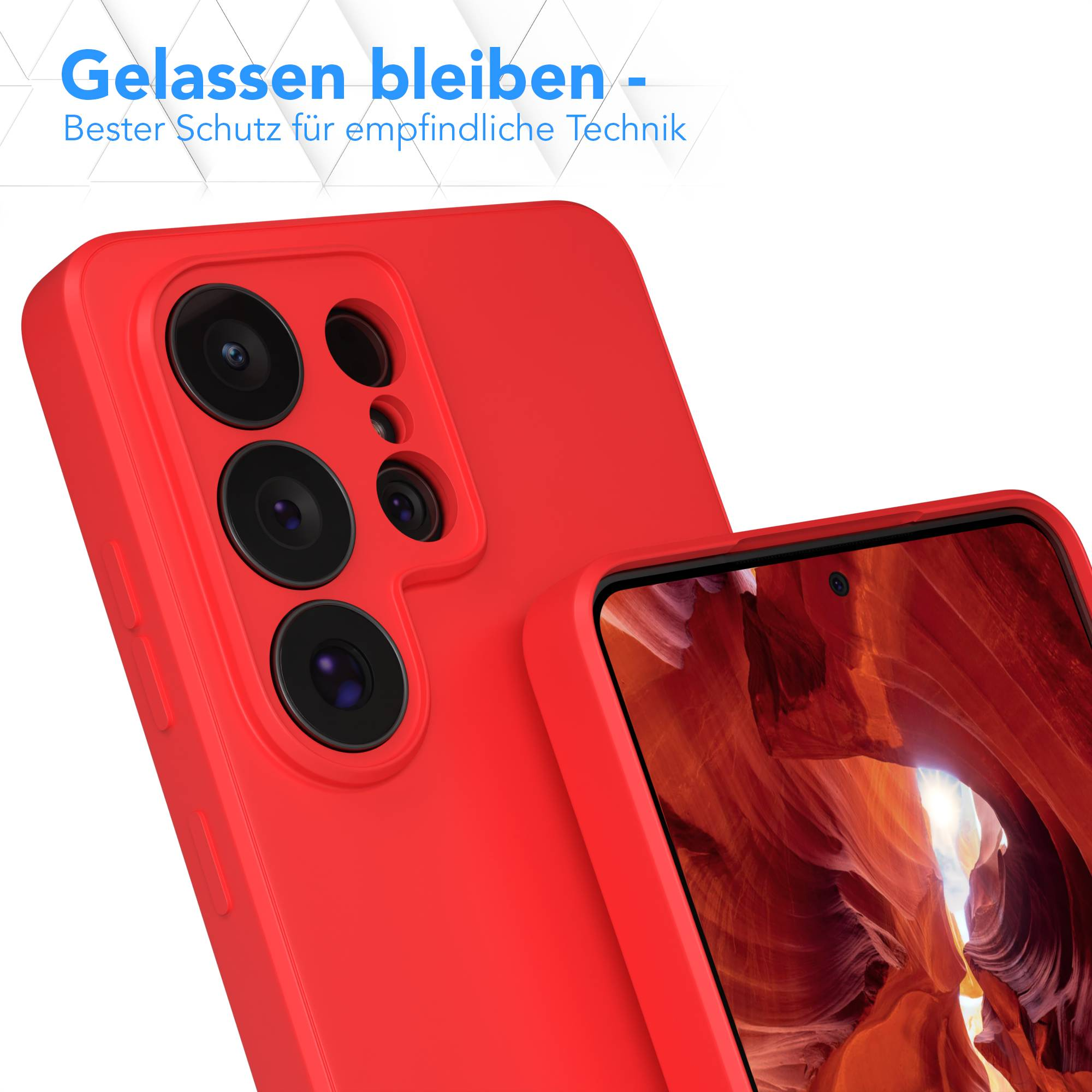 Rote Handyhülle mit Kameralinsen und einem Canyon-Bildschirm.