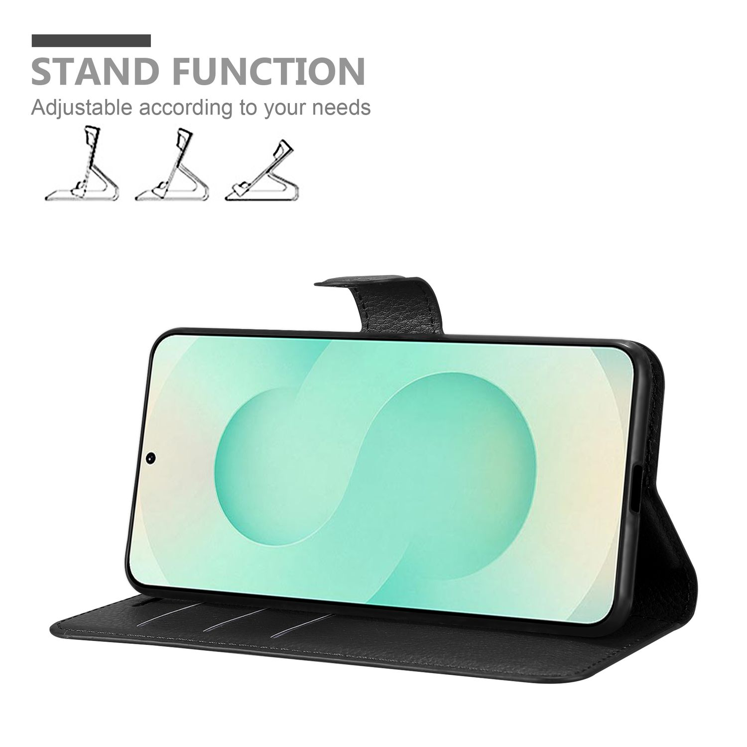 Schwarzes Handy mit aufgestelltem Ständer. Oben sind drei Ständer-Illustrationen.