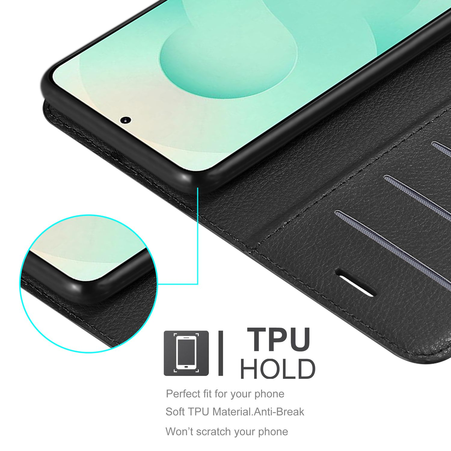 Schwarzes Handycover mit TPU-Halterung und Kartenfächern.