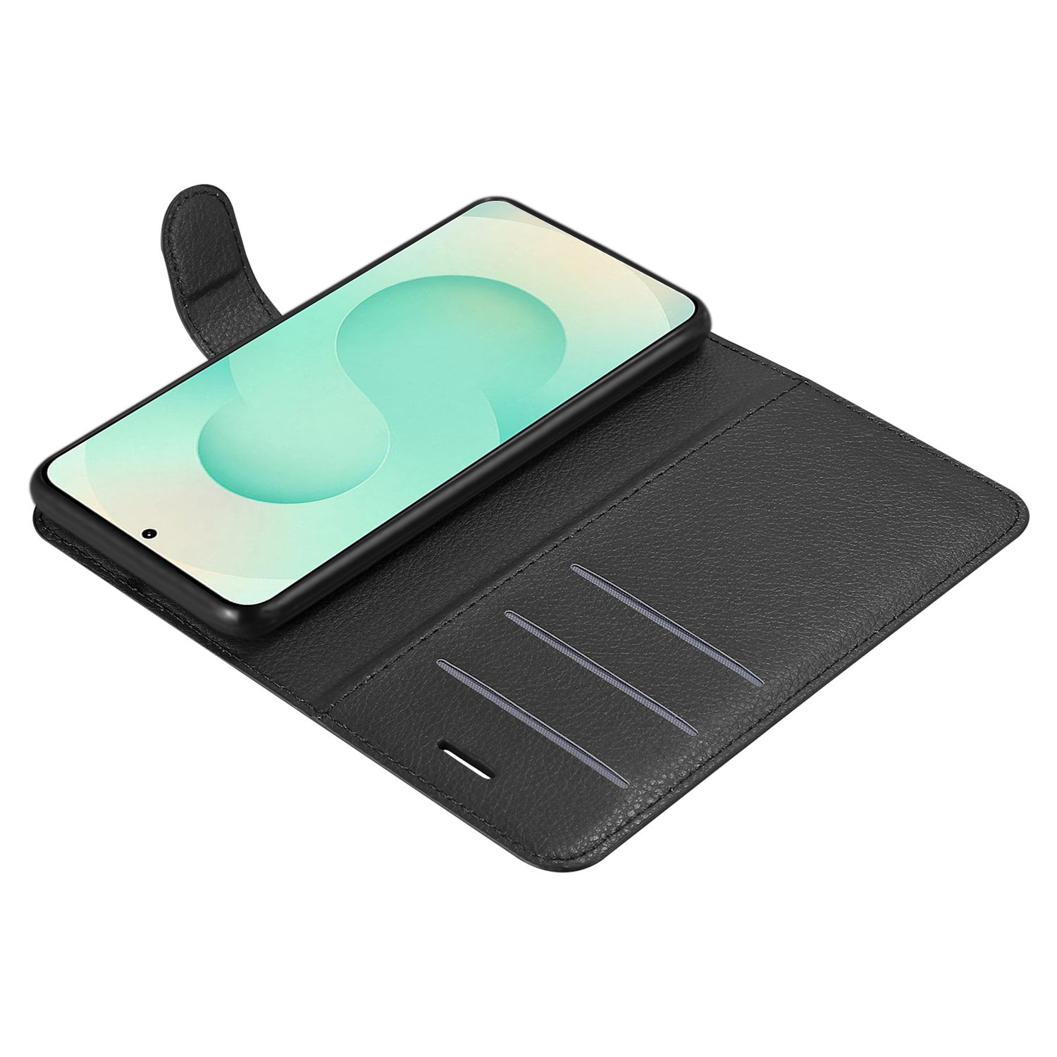 Schwarzes Leder-Flipcase für Smartphone mit Kartenfächern.