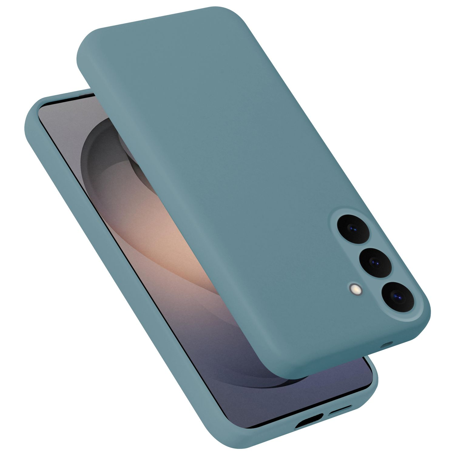 Ein blaugrünes Handycover liegt über einem Smartphone, das eine Kamera hat.