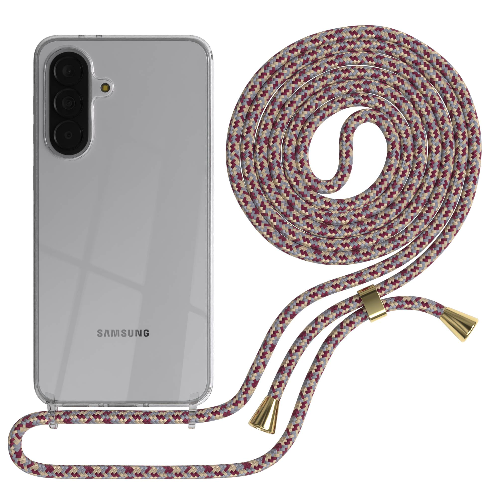Ein transparentes Samsung-Handy mit einer Kordel aus Weinrot, Grau und Beige.
