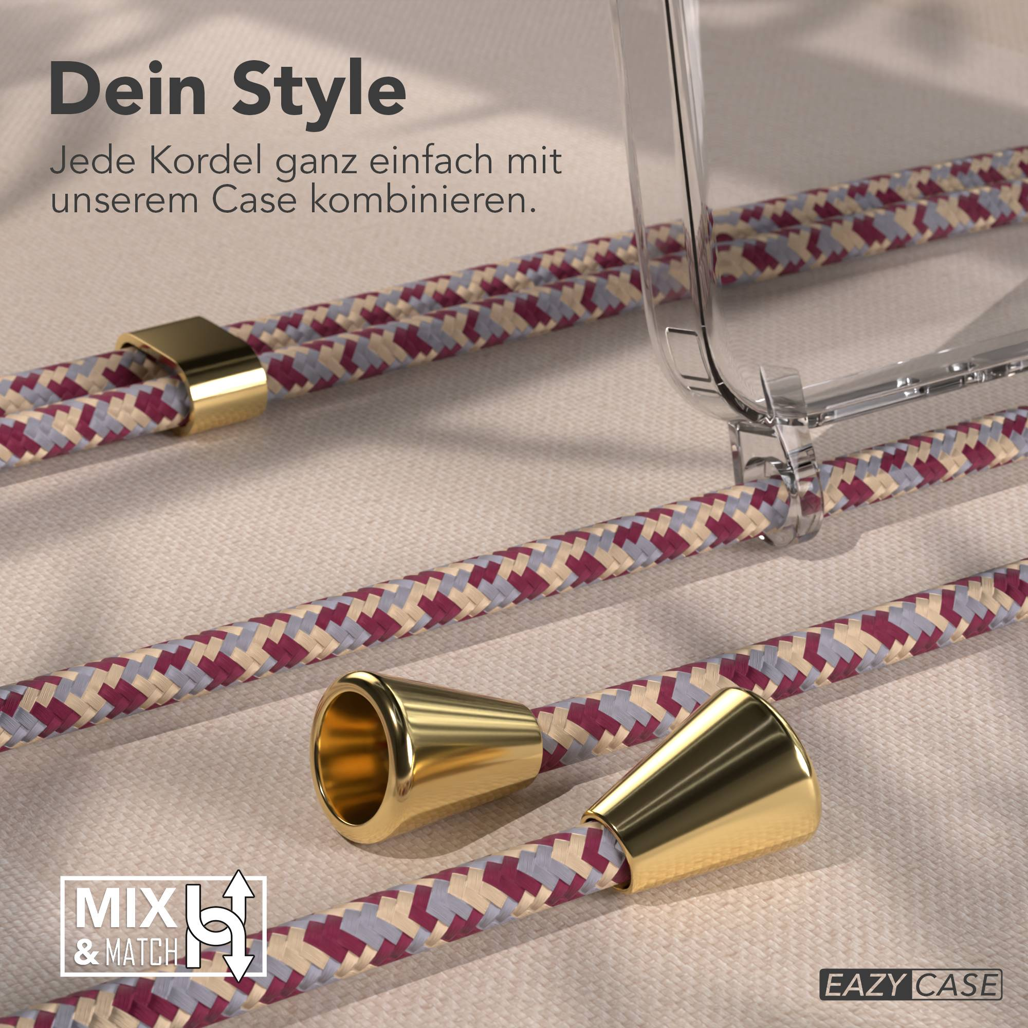 Ein durchsichtiger Handyhülle mit geflochtenen Kordeln in Grau, Beige und Rot.
