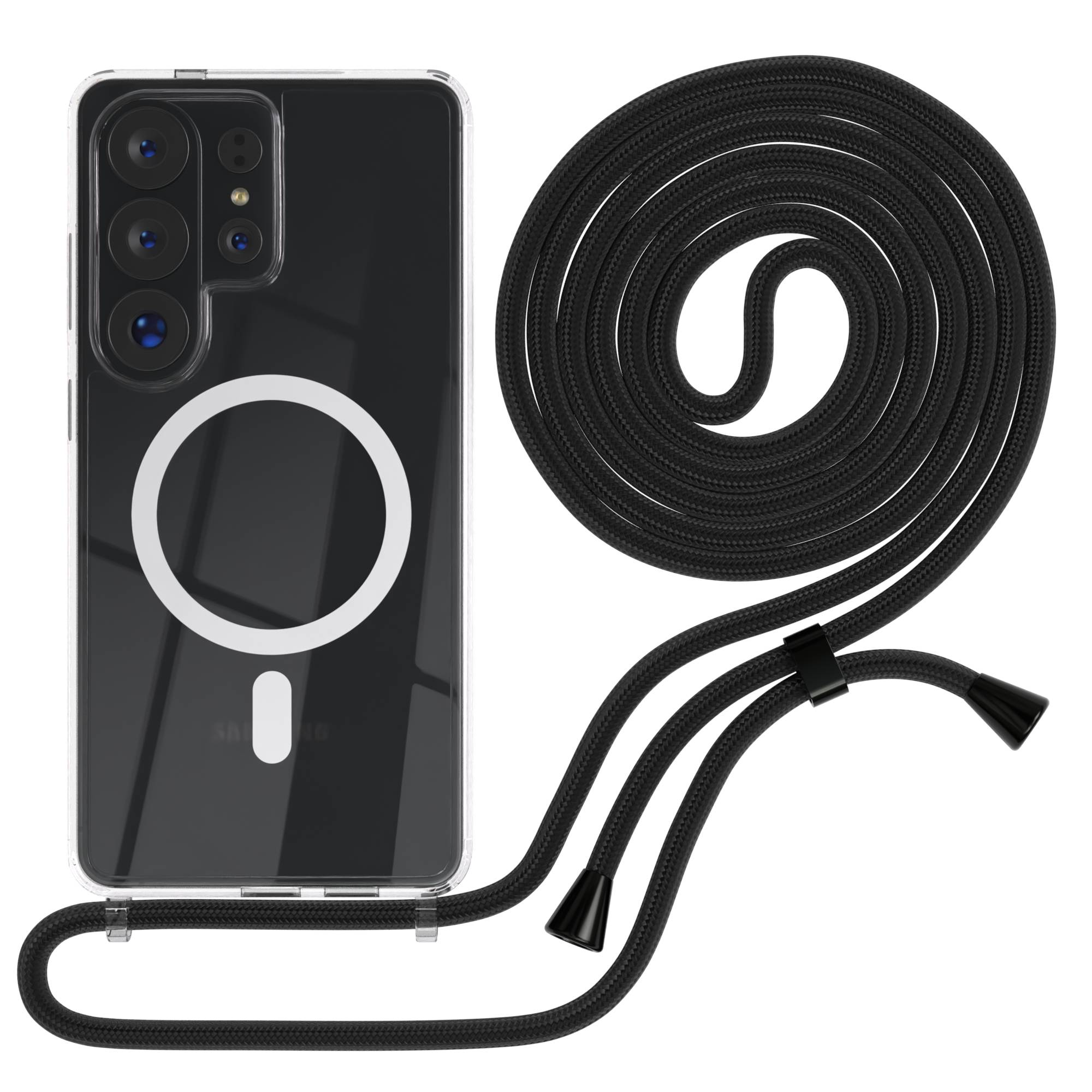 Durchsichtige Handyhülle mit schwarzem Lanyard und MagSafe-Ring.