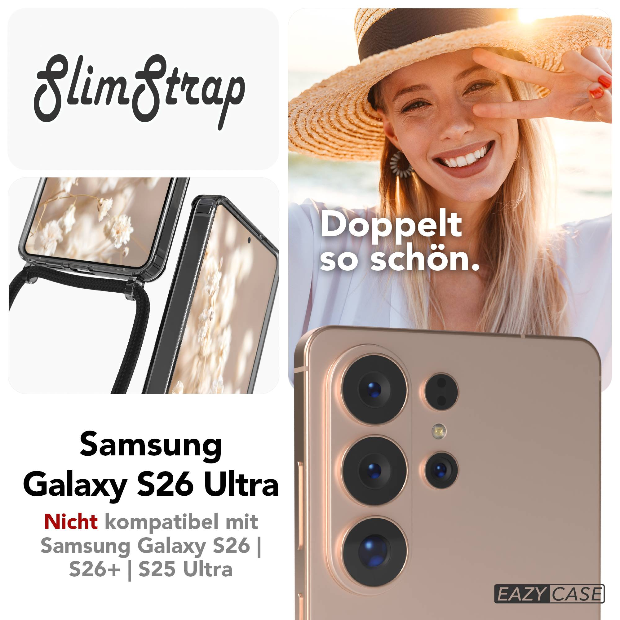 Samsung Galaxy S26 Ultra mit Handyhülle und lächelnder Frau.
