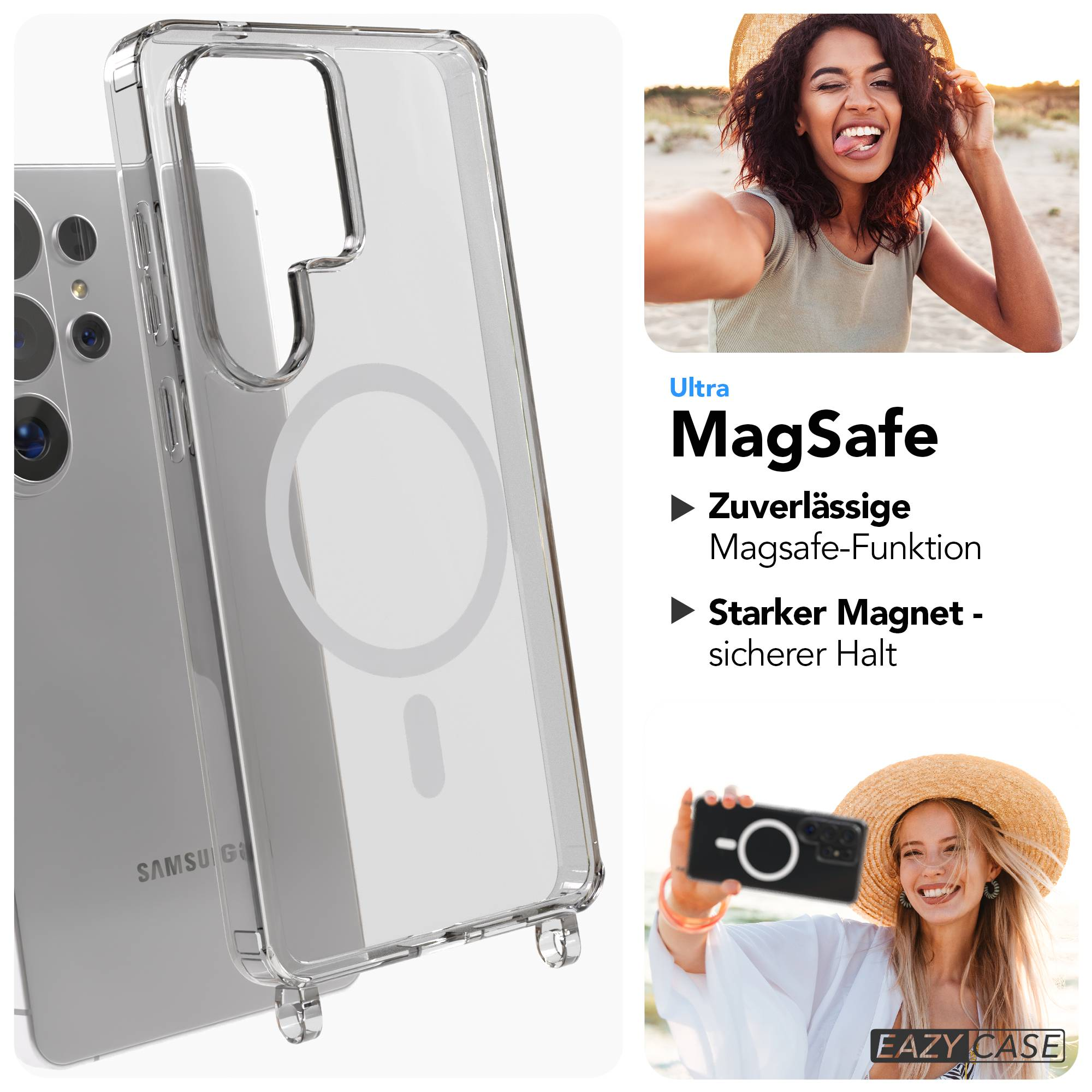 Transparente Handyhülle mit MagSafe-Ring auf einem silbernen Handy.