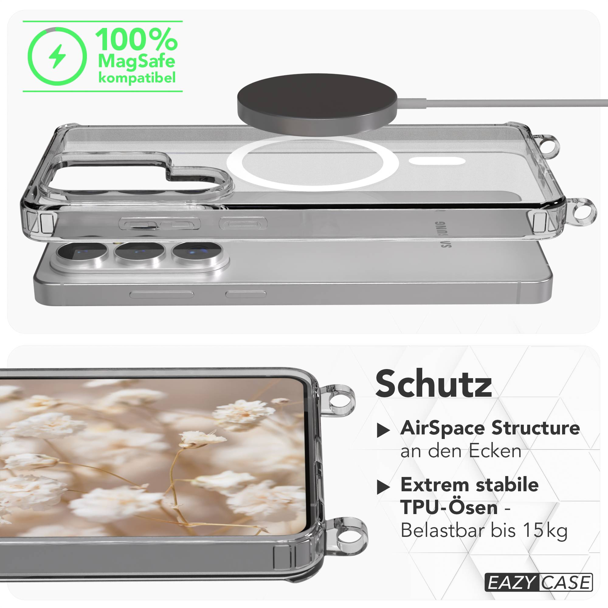 Transparente Hülle mit MagSafe-Symbol und einem Handy darunter.