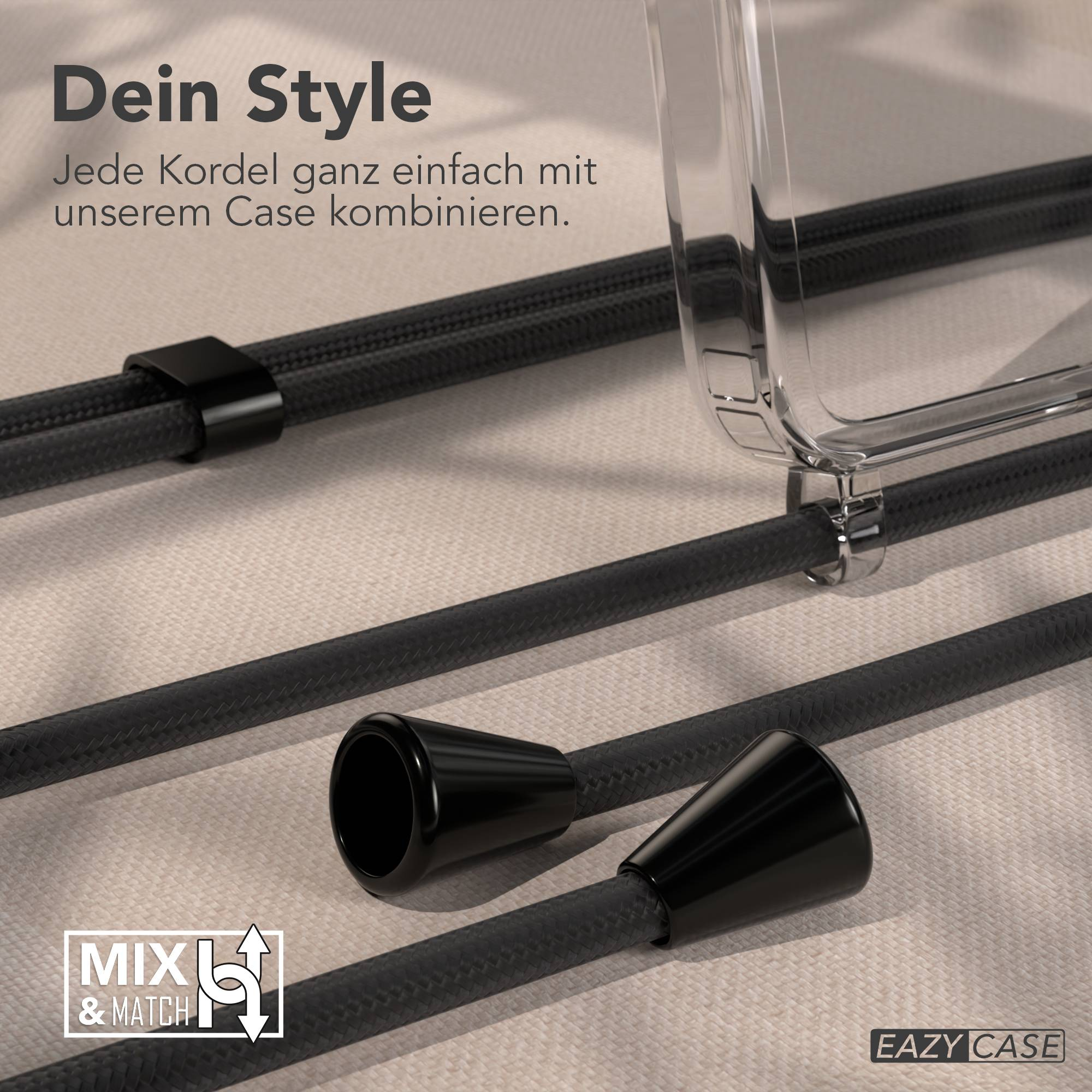 Ein durchsichtiges Handyhülle mit schwarzen Kordeln und der Aufschrift "MIX & MATCH".